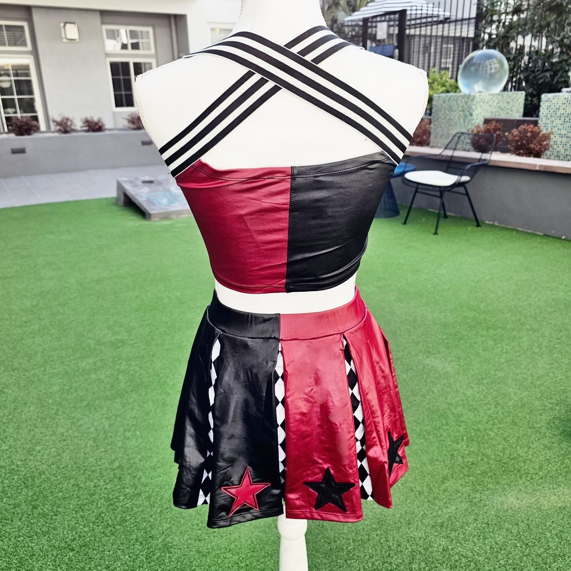 Harley Quinn Cheerleader Costume Set | Red Black Checkered Print - Trickz N Treatz - Costumes