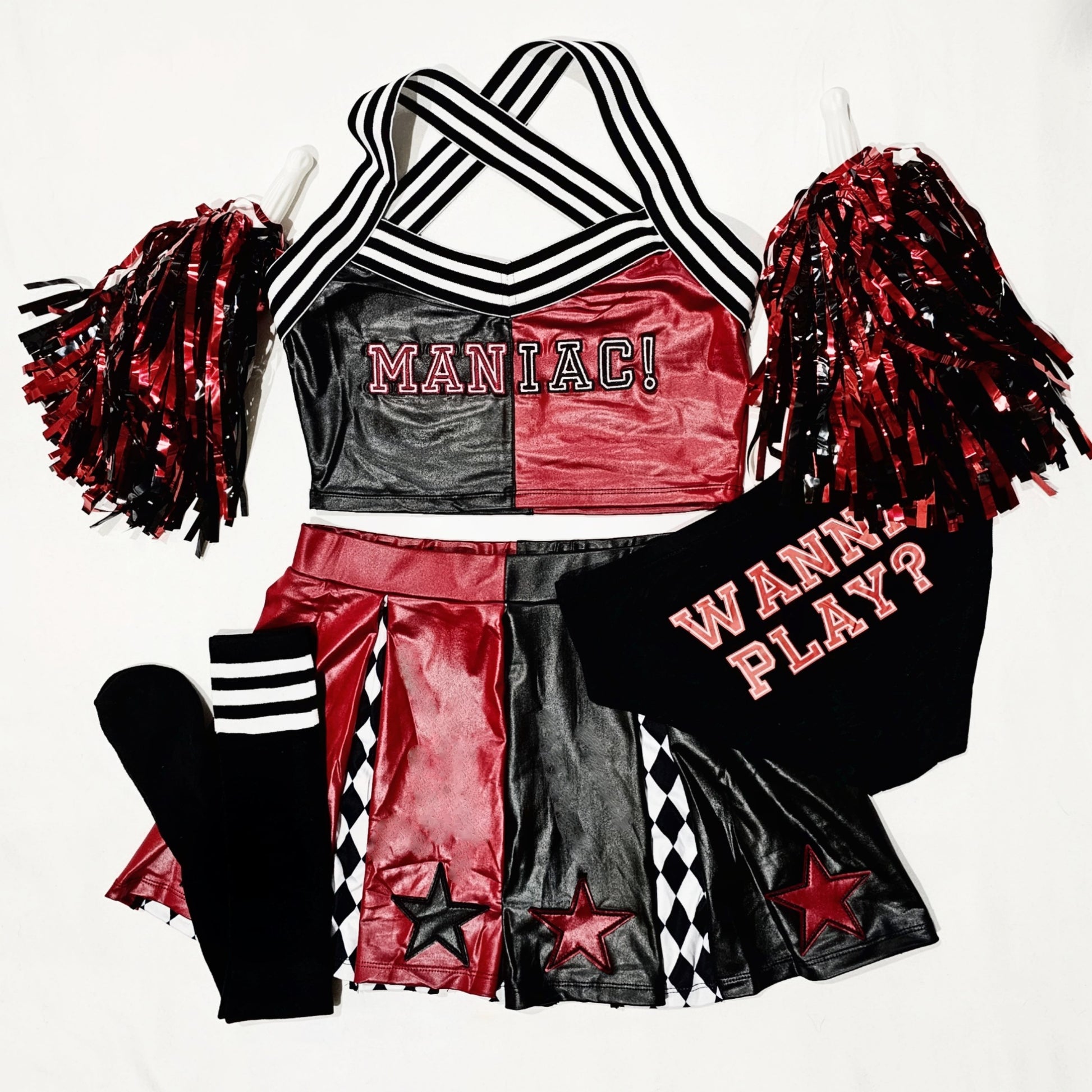 Harley Quinn Cheerleader Costume Set | Red Black Checkered Print - Trickz N Treatz - Costumes