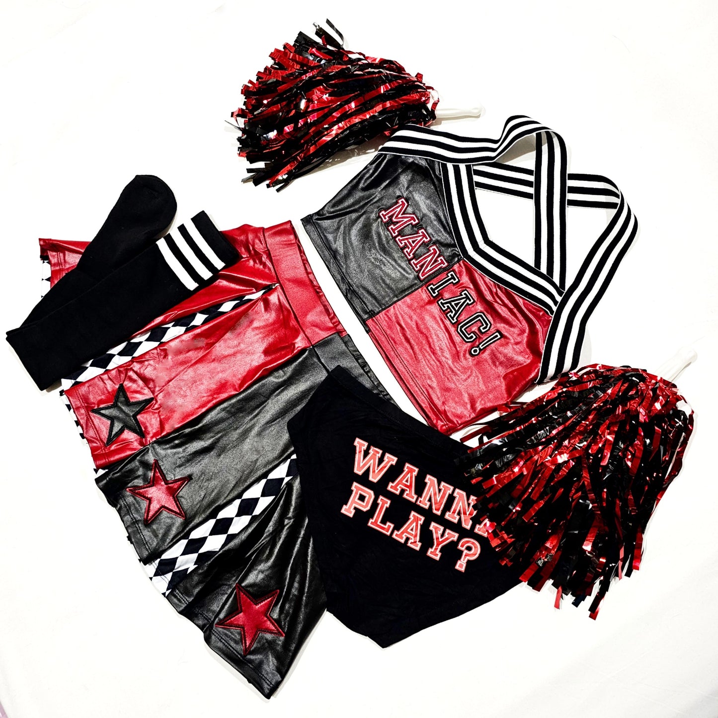 Harley Quinn Cheerleader Costume Set | Red Black Checkered Print - Trickz N Treatz - Costumes