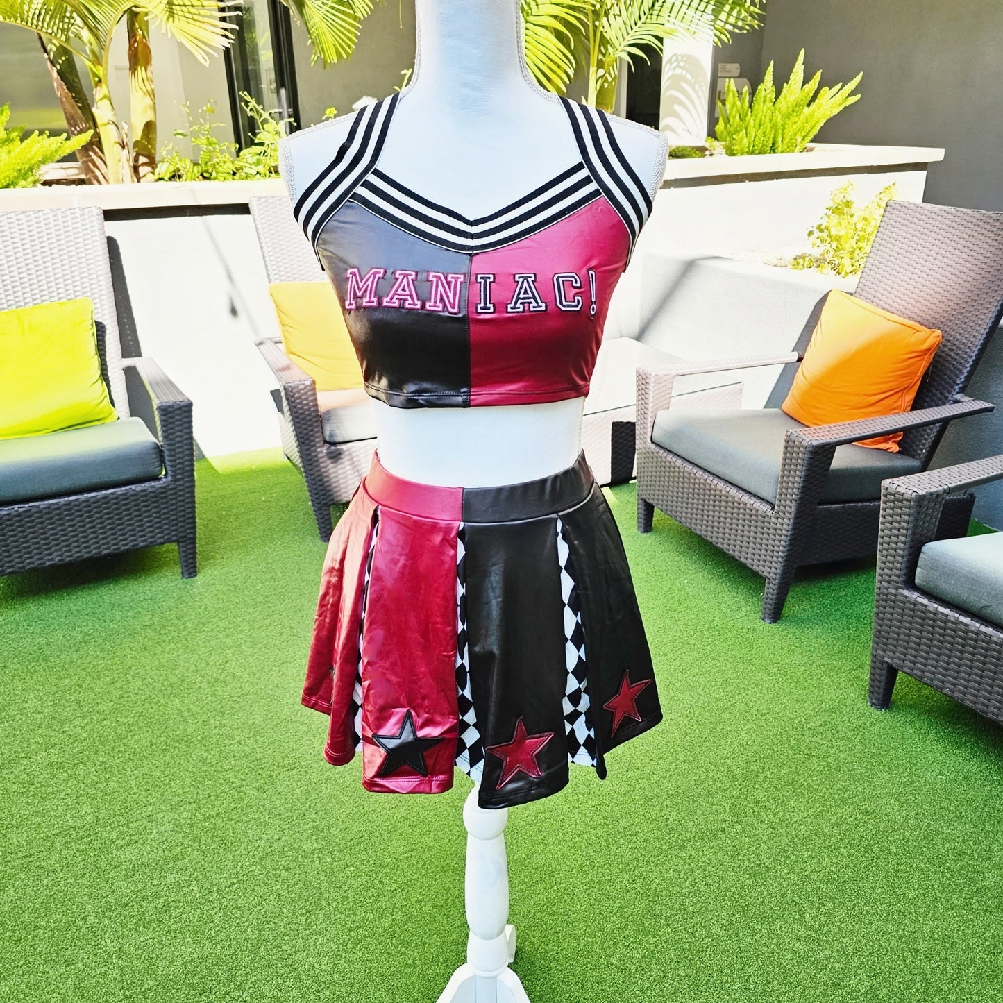 Harley Quinn Cheerleader Costume Set | Red Black Checkered Print - Trickz N Treatz - Costumes