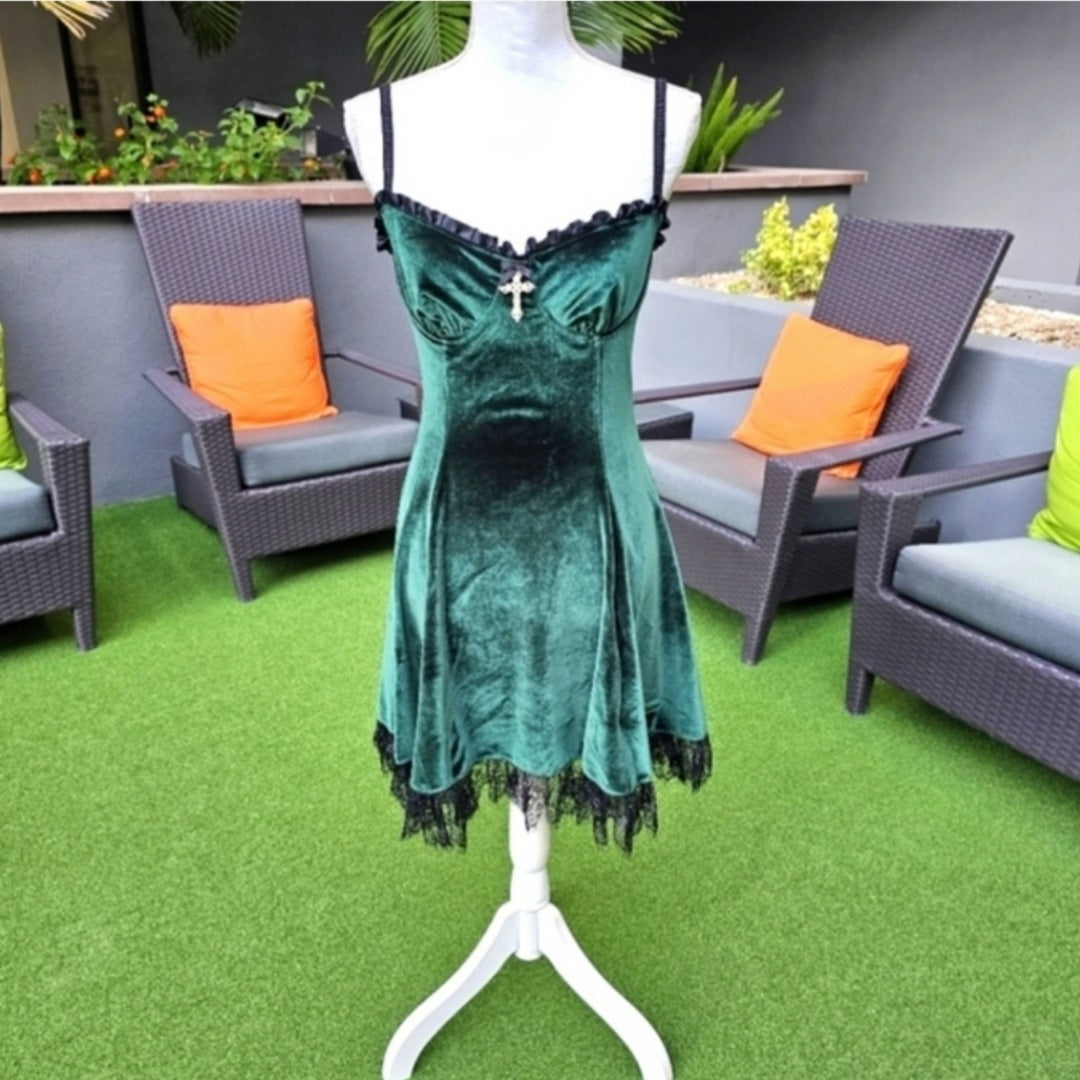 Velvet Lace Dress | Blind Faith | Romantic Gothic Victorian Green Dress - Widow - Dresses