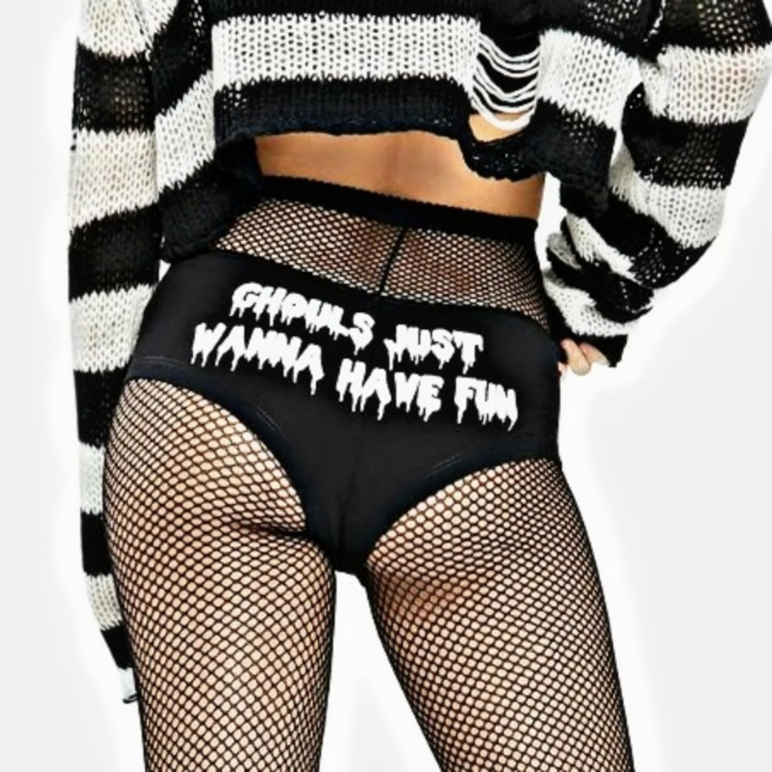 Black Ghouls Cheeky Panty | Cotton White Print on Back That Reads Ghouls Just Wanna Have Fun - Femfetti - Panties