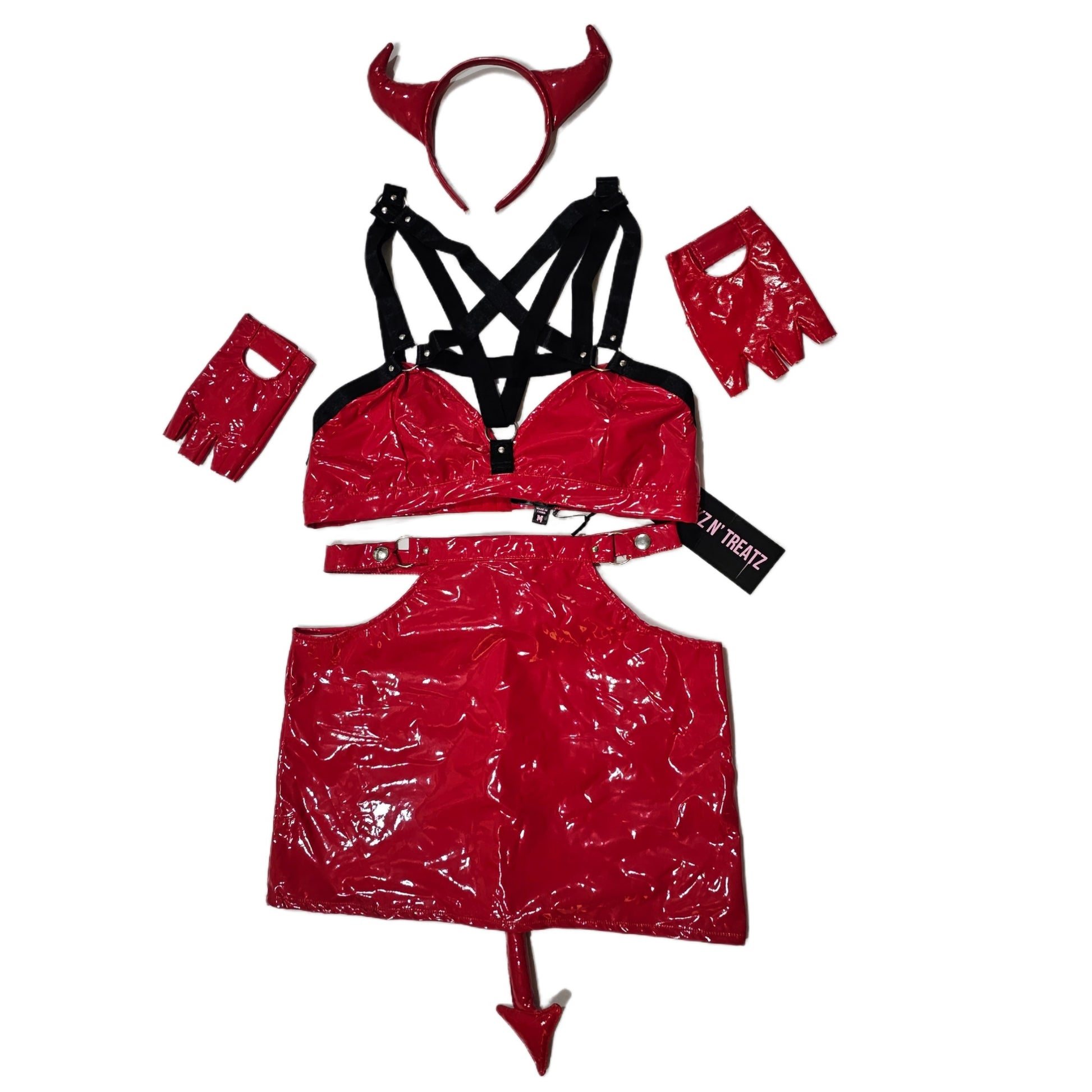 Devil Costume Set | Red Black | Vinyl Pentagram Strappy Front - Trickz N Treatz - Costumes