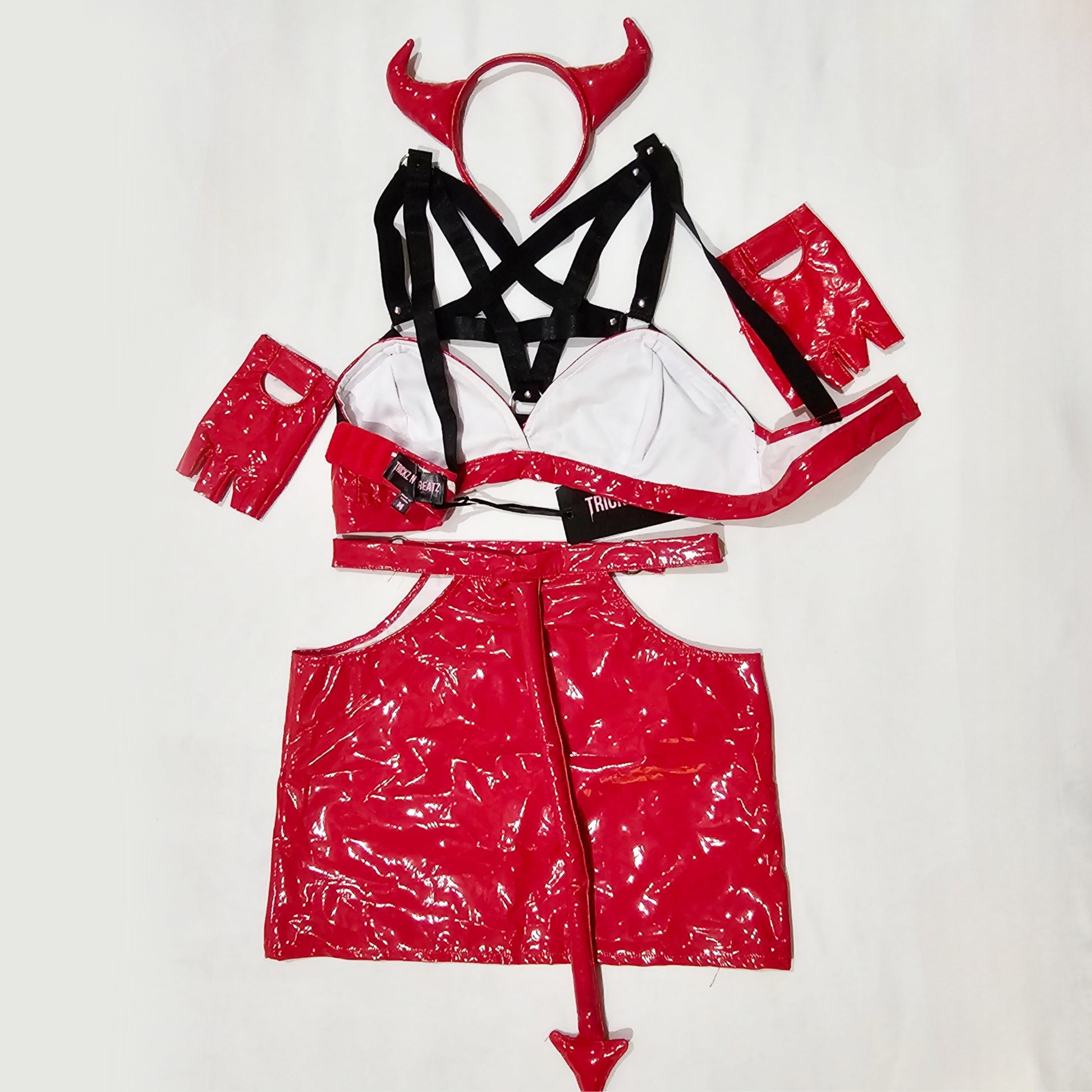 Devil Costume Set | Red Black | Vinyl Pentagram Strappy Front - Trickz N Treatz - Costumes