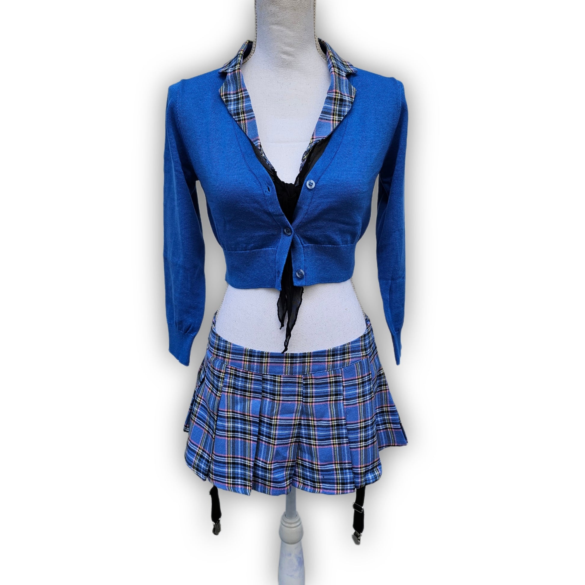 Naughty Schoolgirl Costume Set | Sheer Top Blue Plaid Pleated - Trickz N Treatz - Costumes