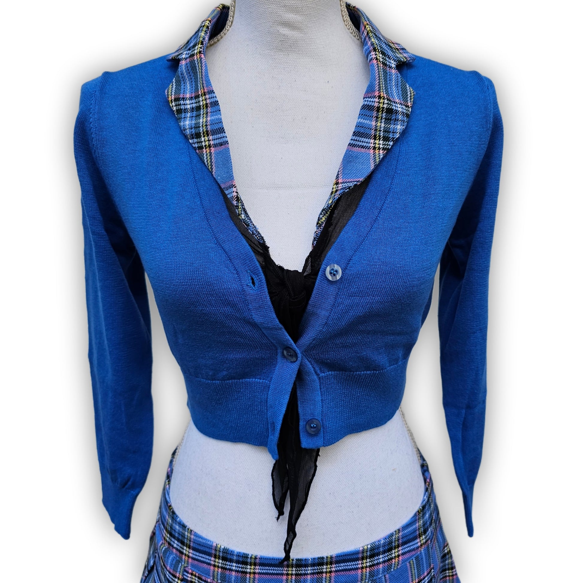 Naughty Schoolgirl Costume Set | Sheer Top Blue Plaid Pleated - Trickz N Treatz - Costumes