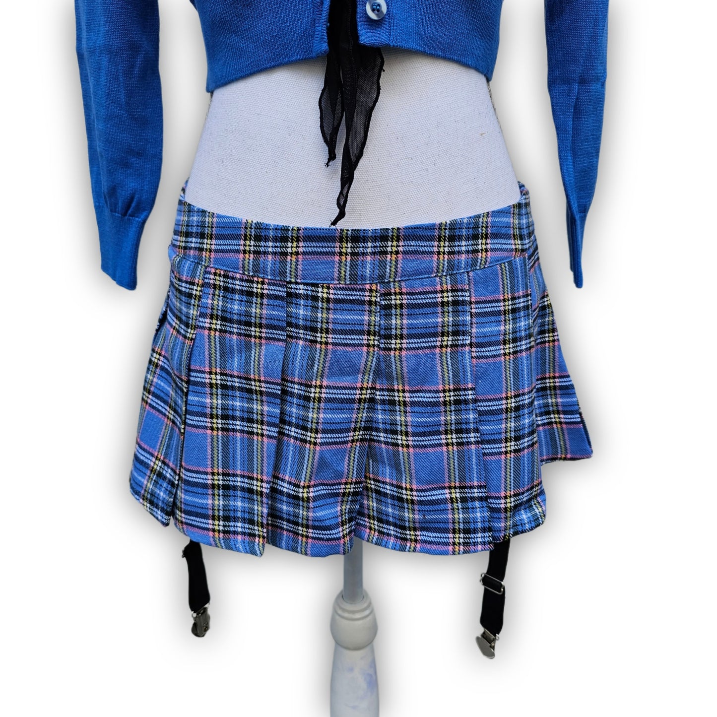 Naughty Schoolgirl Costume Set | Sheer Top Blue Plaid Pleated - Trickz N Treatz - Costumes