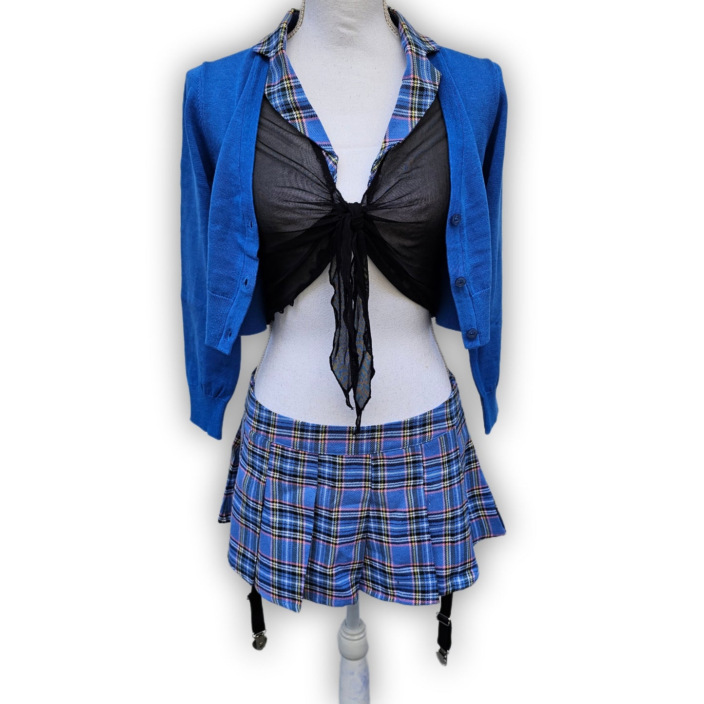 Naughty Schoolgirl Costume Set | Sheer Top Blue Plaid Pleated - Trickz N Treatz - Costumes