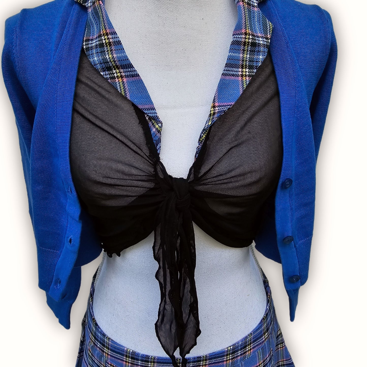 Naughty Schoolgirl Costume Set | Sheer Top Blue Plaid Pleated - Trickz N Treatz - Costumes