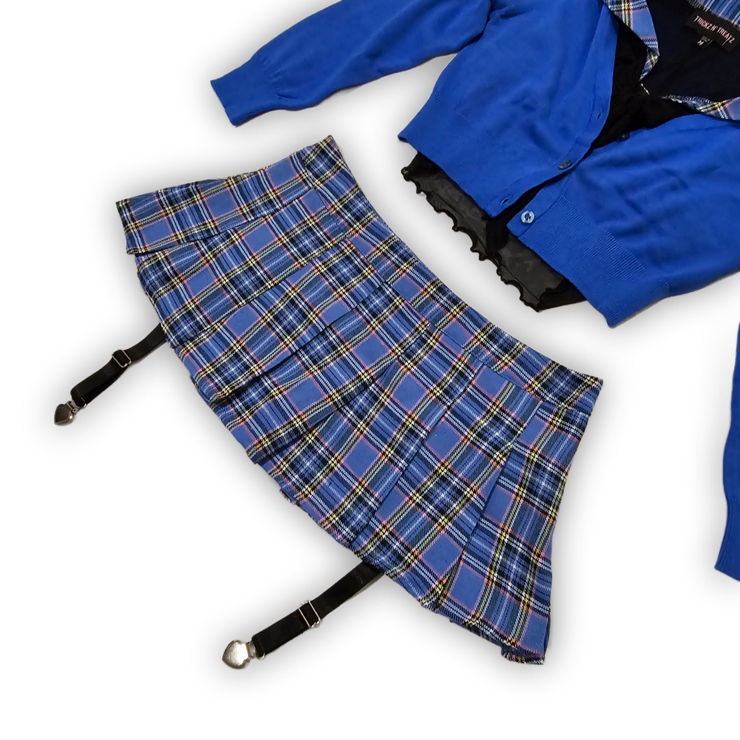 Naughty Schoolgirl Costume Set | Sheer Top Blue Plaid Pleated - Trickz N Treatz - Costumes