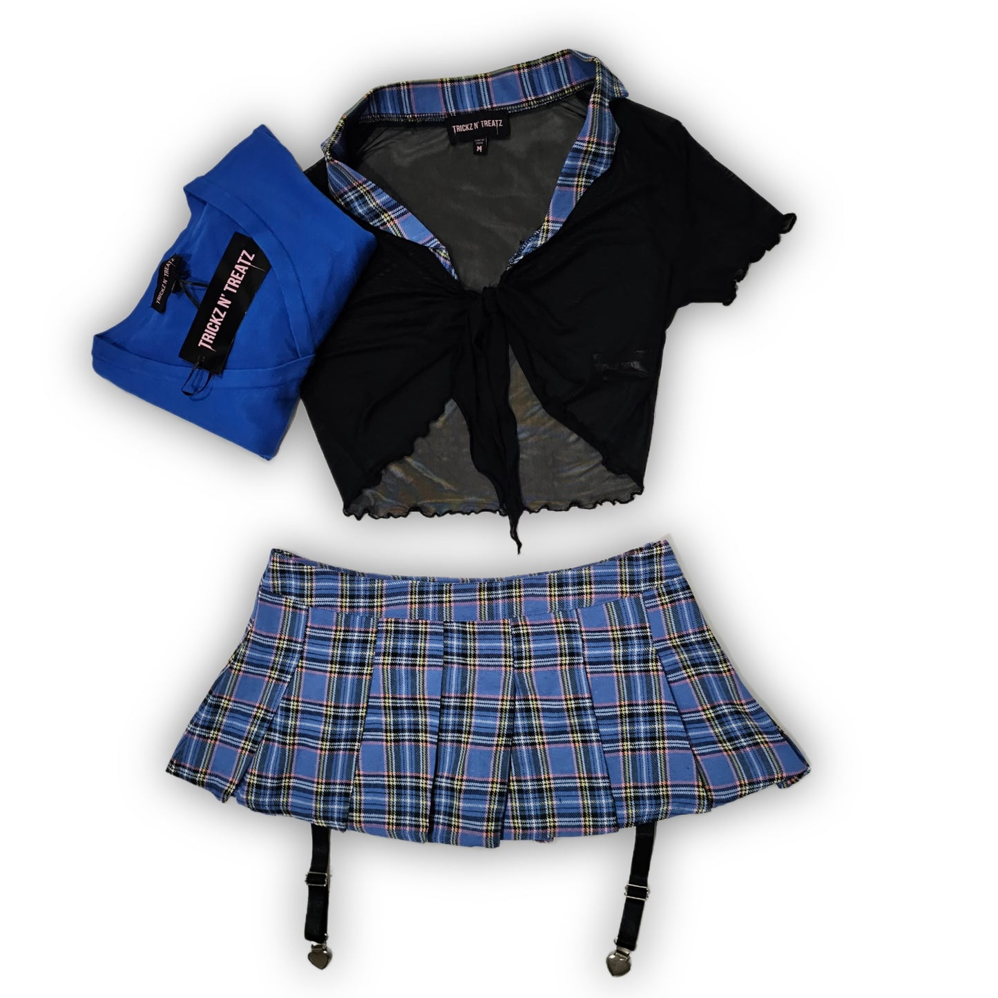 Naughty Schoolgirl Costume Set | Sheer Top Blue Plaid Pleated - Trickz N Treatz - Costumes