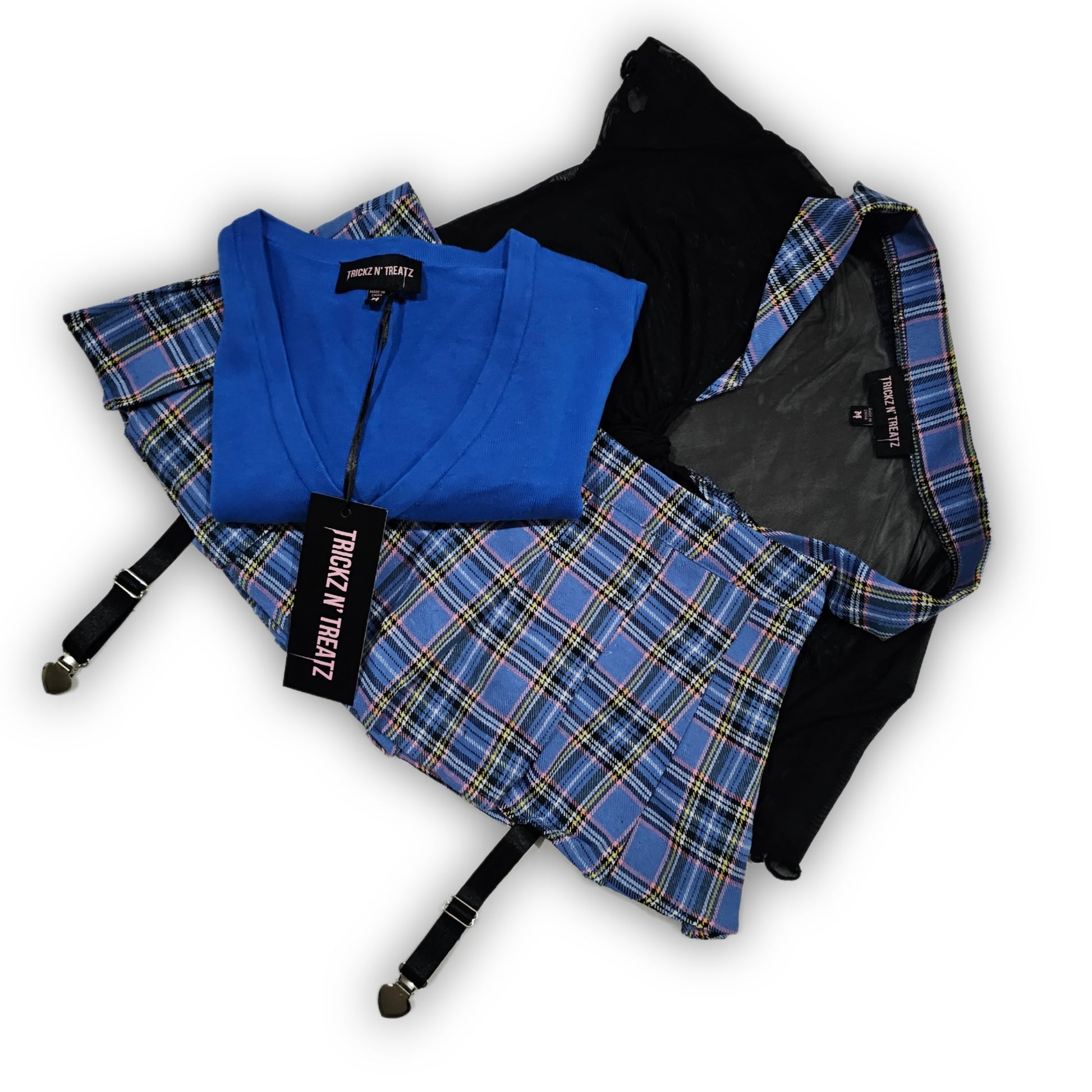 Naughty Schoolgirl Costume Set | Sheer Top Blue Plaid Pleated - Trickz N Treatz - Costumes