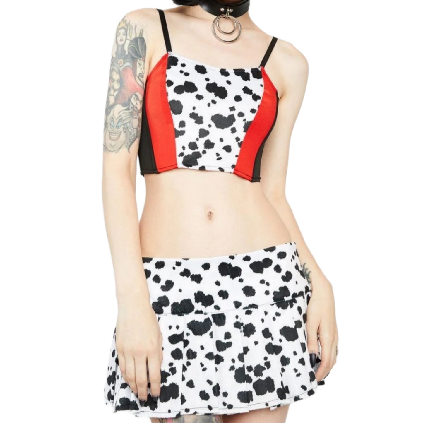 Evil Villain Costume | Cropped Striped Tank & Spotted Dalmatian Print Pleated Skirt - Trickz N Treatz - Dresses