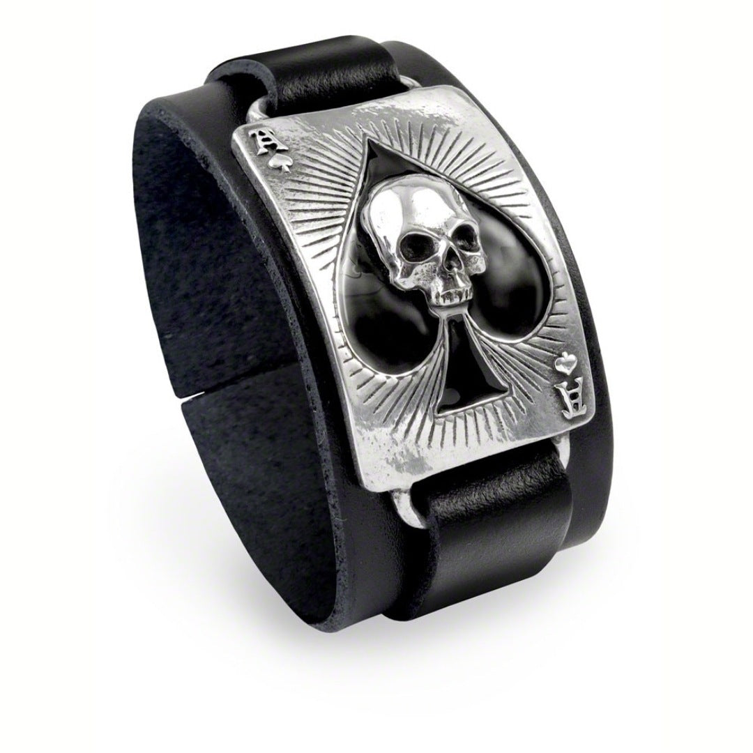 Men's Ace Of Dead Spades Bracelet | Genuine Black Leather Fine English Pewter - UL 13/17 - Bracelets