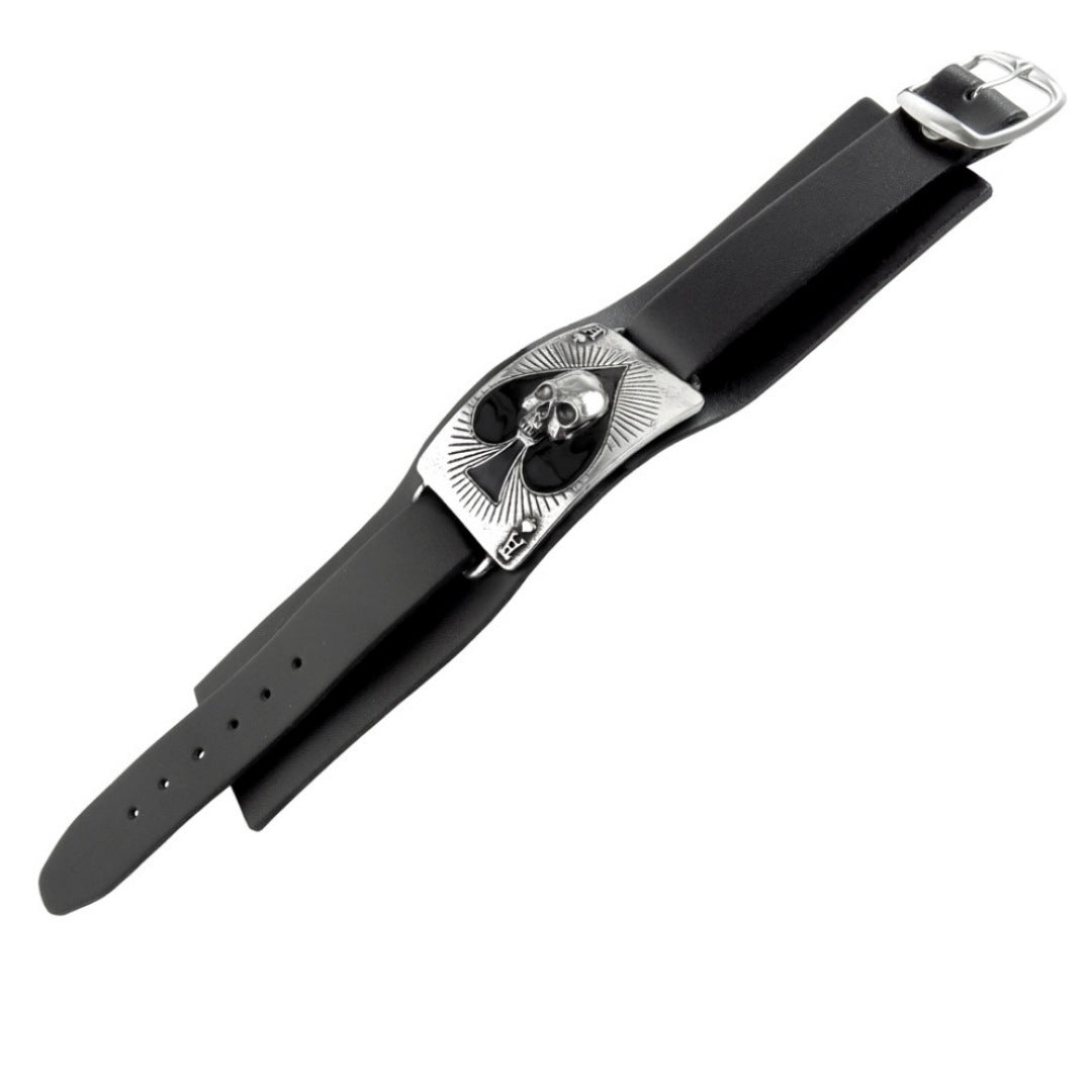 Men's Ace Of Dead Spades Bracelet | Genuine Black Leather Fine English Pewter - UL 13/17 - Bracelets