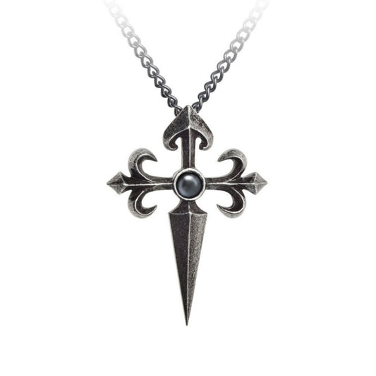 Santiago Cross Pendant | Hematite Cabochon Fine English Pewter 21" Chain - Alchemy Gothic - Necklaces