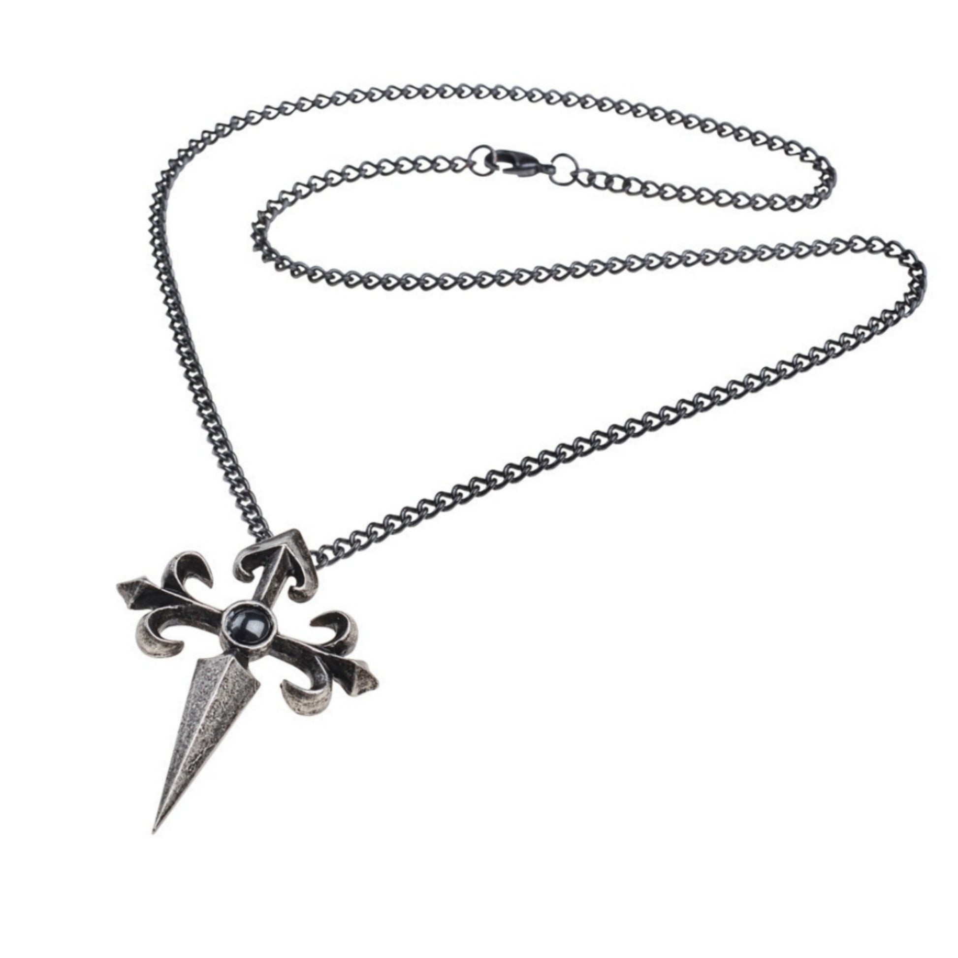 Santiago Cross Pendant | Hematite Cabochon Fine English Pewter 21" Chain - Alchemy Gothic - Necklaces