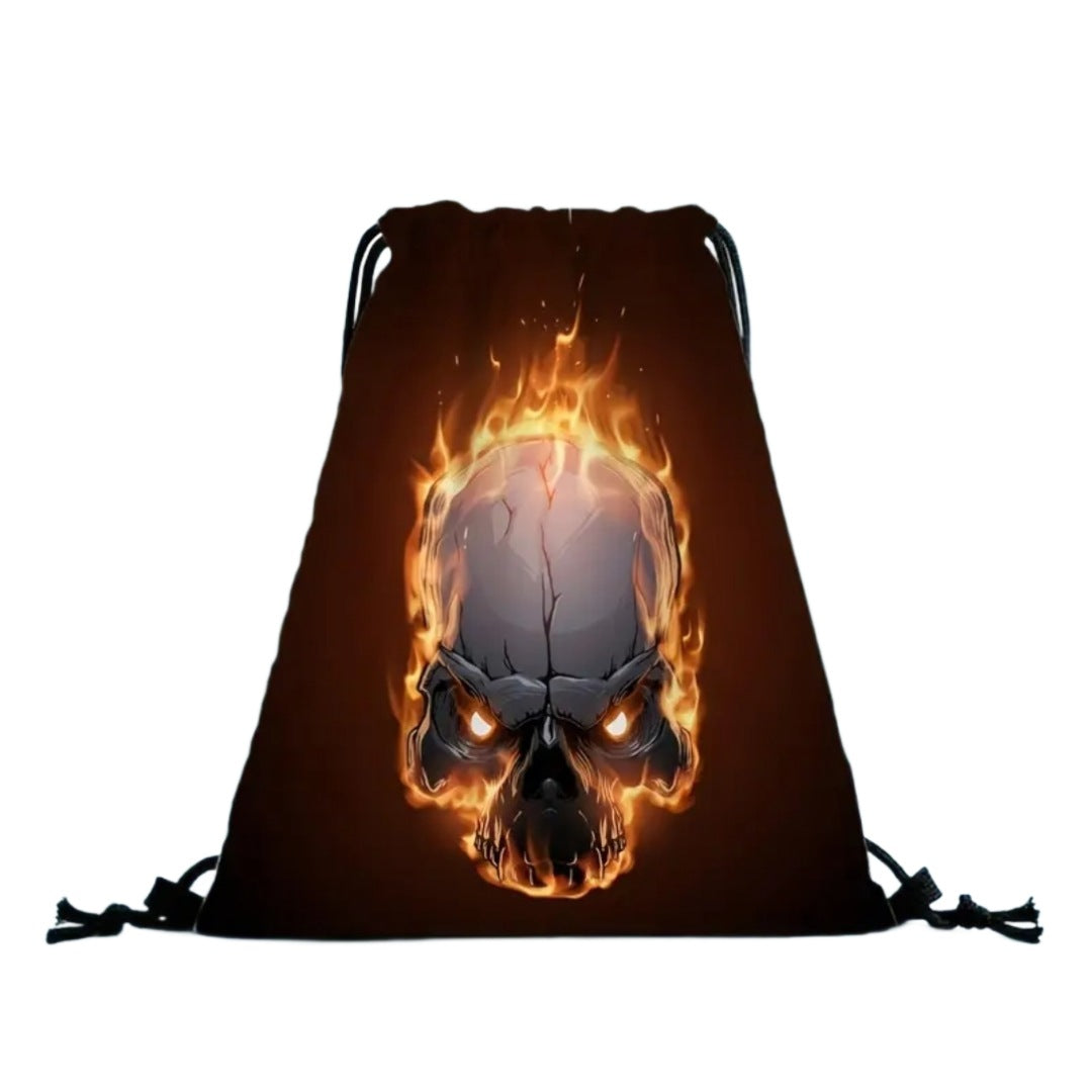 Draw String Backpack | High Quality Black Orange | Flaming Skull Themes - A Gothic Universe - Backpacks