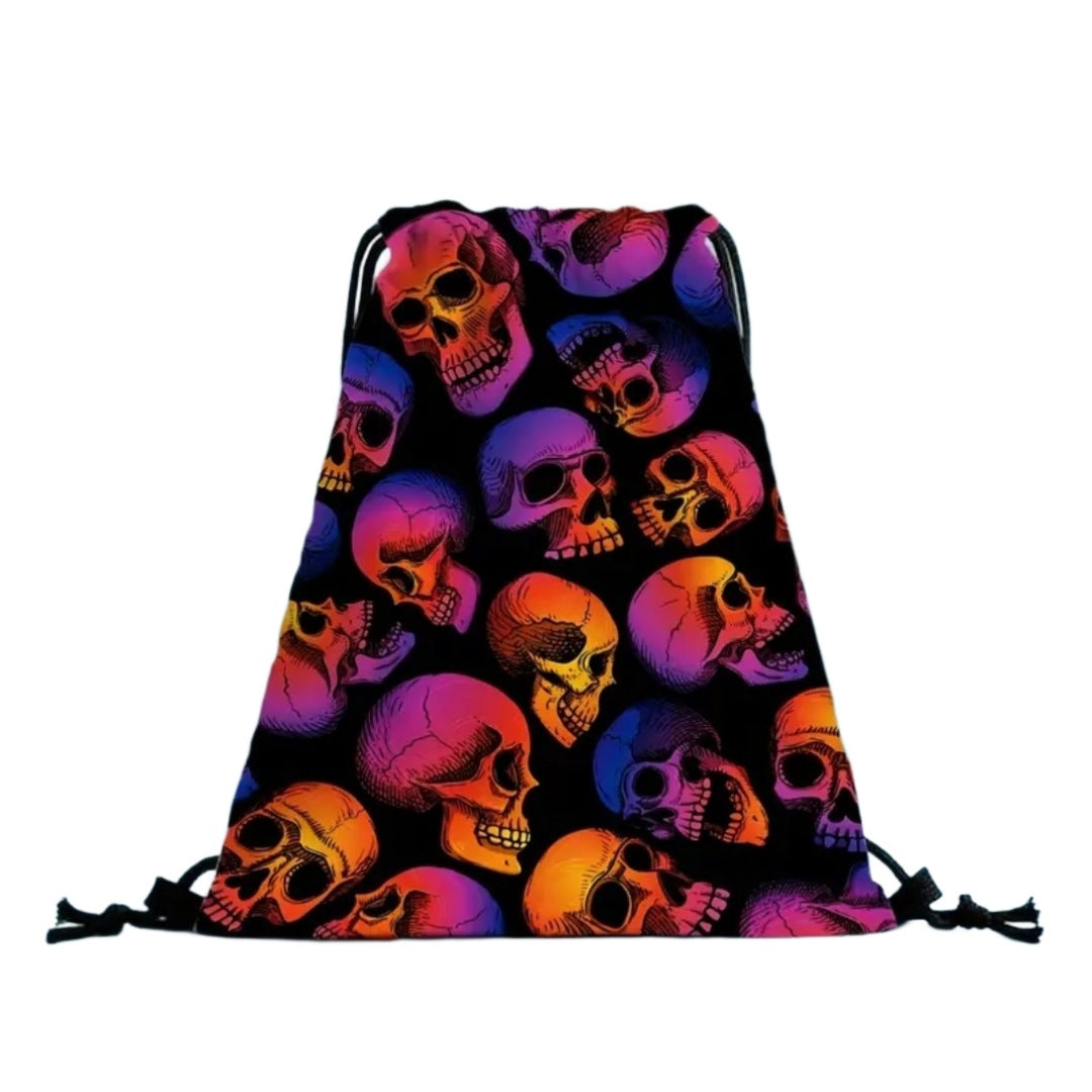 Draw String Backpack | High Quality Black Purple | Multi Skulls Theme - A Gothic Universe - Backpacks