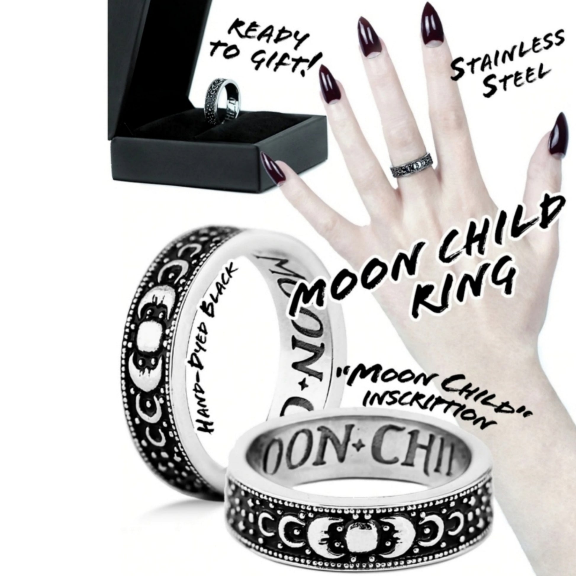 Victorian Moon Ring | Moon Child Inscribed Inside Antique Finish Silver - Rogue + Wolf - Rings