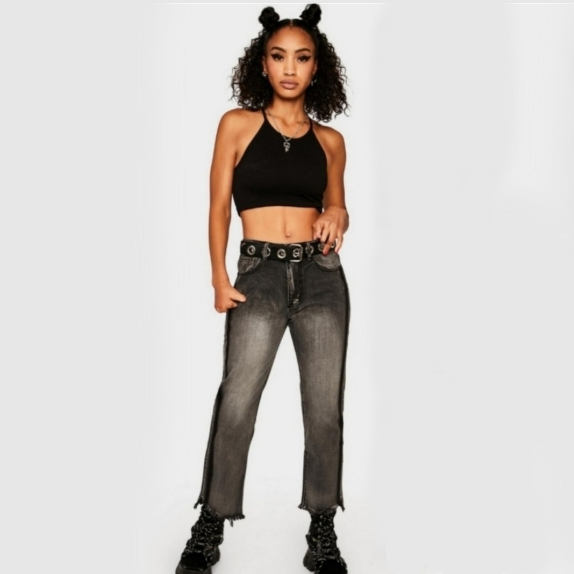 Two-Tone Jeans | Distressed Mid-Rise Straight Leg Cropped Flare Jeans - Momokrom - Pants