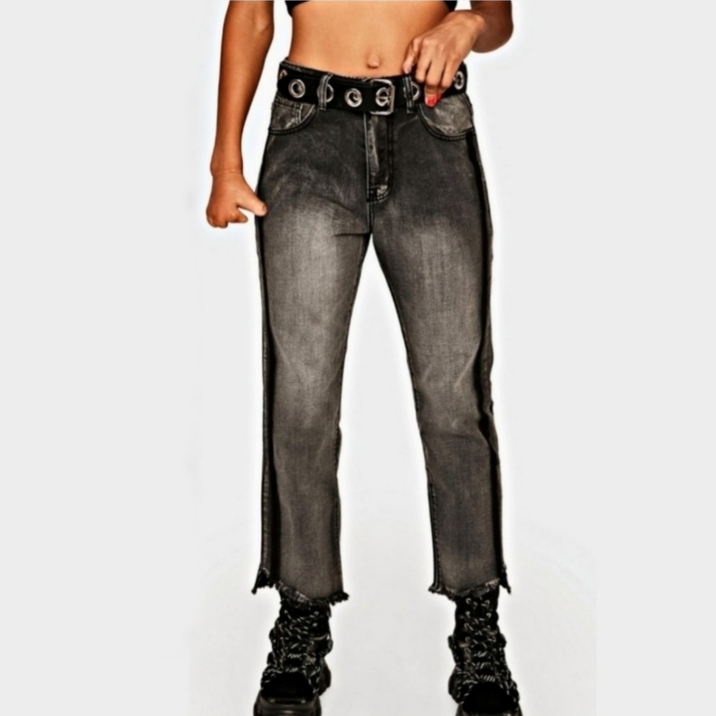 Two-Tone Jeans | Distressed Mid-Rise Straight Leg Cropped Flare Jeans - Momokrom - Pants