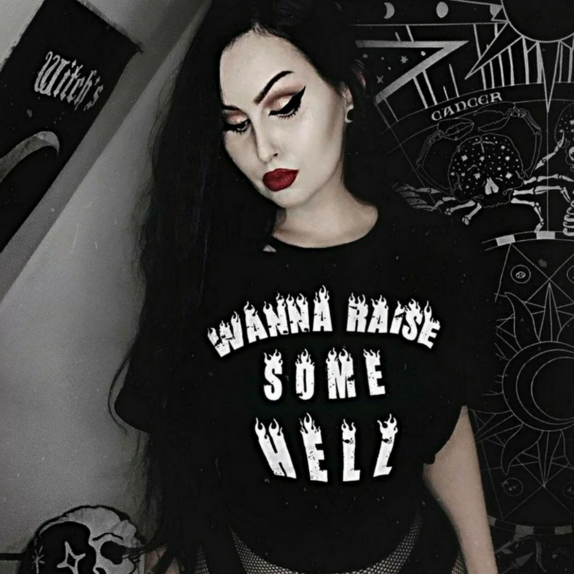 Soft Black Cotton Cropped Tee | Wanna Raise Some Hell? Gothic Crop Top - Restyle - Shirts
