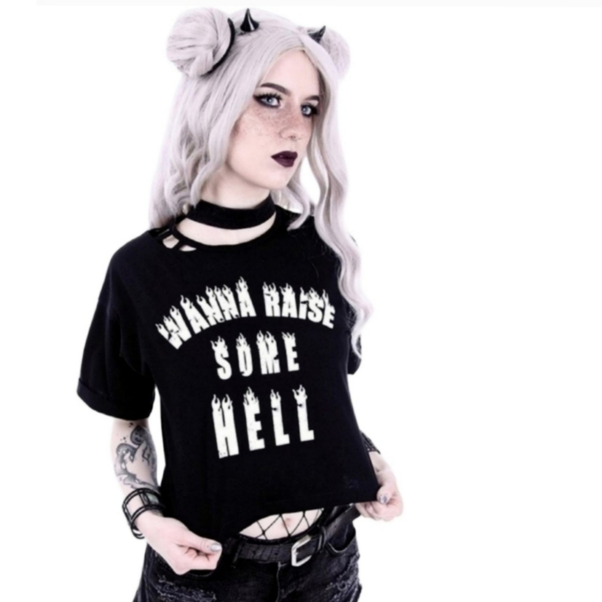 Soft Black Cotton Cropped Tee | Wanna Raise Some Hell? Gothic Crop Top - Restyle - Shirts
