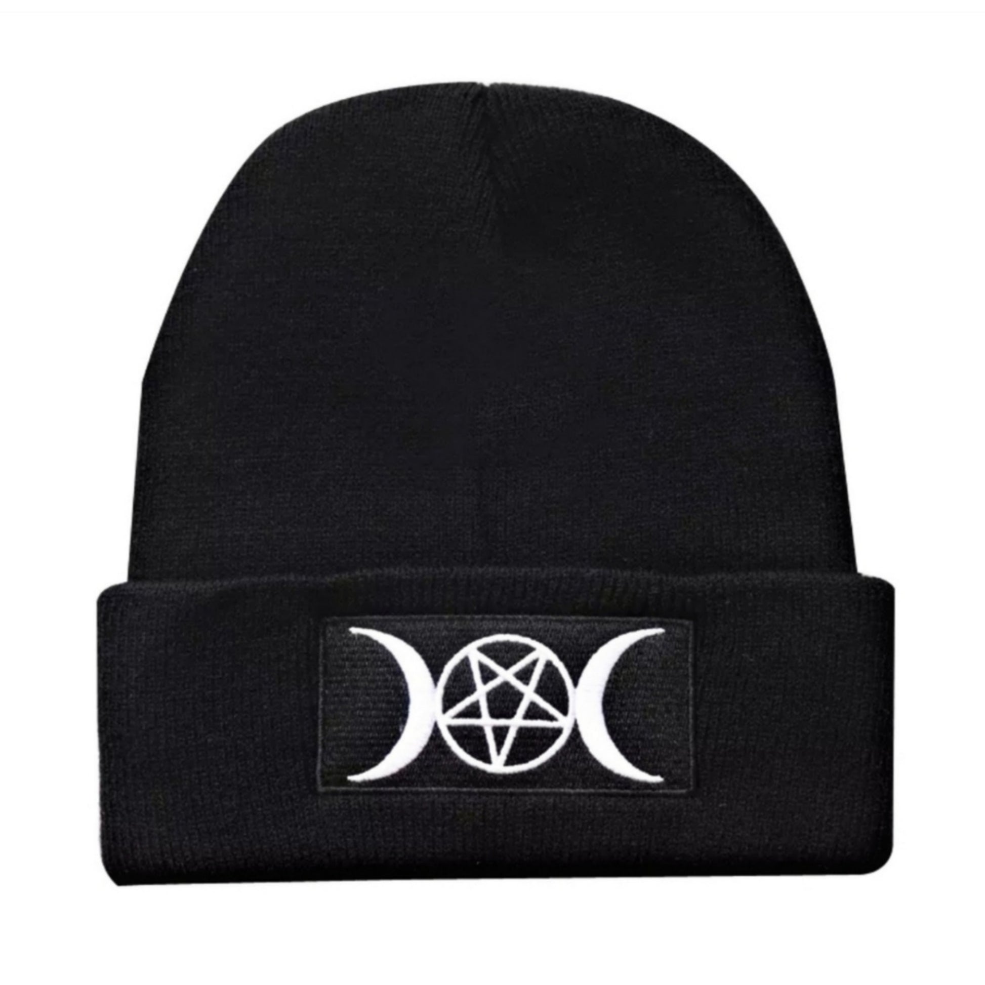 Black Triple Moon Goddess Beanie | Scully White Embroidered Moons & Pentagram - A Gothic Universe - Beanies