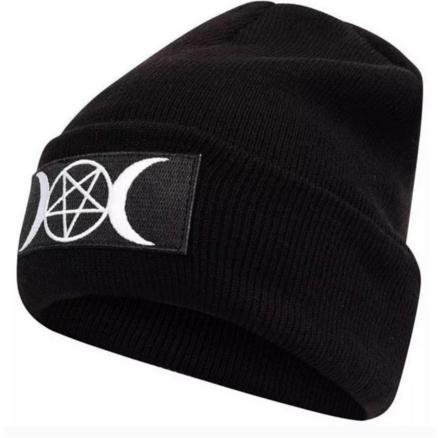 Black Triple Moon Goddess Beanie | Scully White Embroidered Moons & Pentagram - A Gothic Universe - Beanies