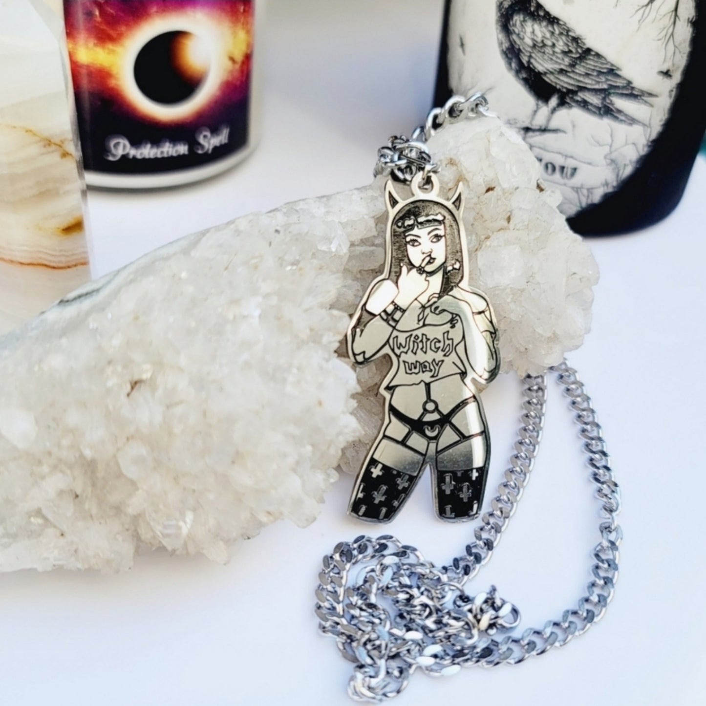 Stainless Steel Necklace | Witch Girl Gothic Silver & Black Necklace - A Gothic Universe - Necklaces