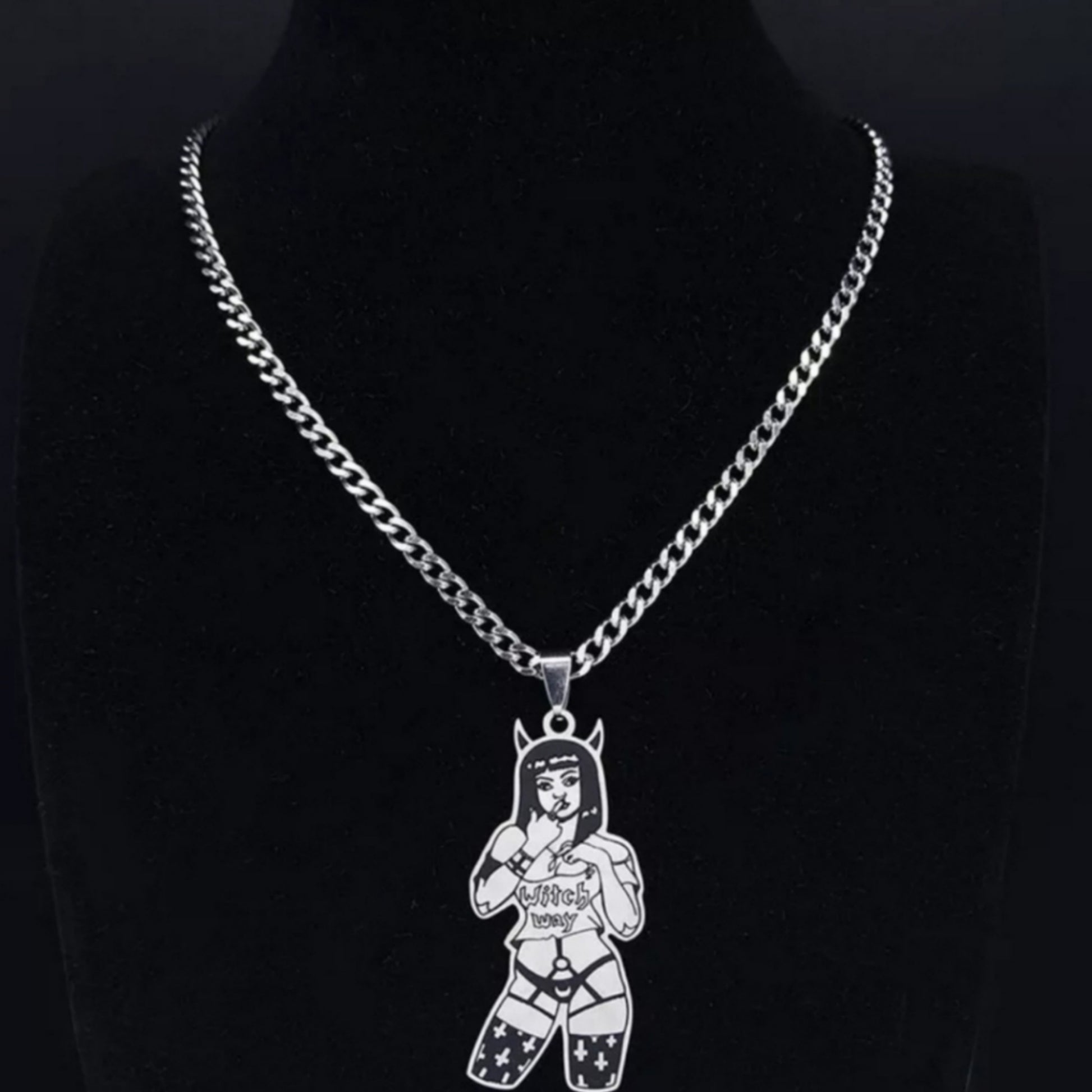 Stainless Steel Necklace | Witch Girl Gothic Silver & Black Necklace - A Gothic Universe - Necklaces