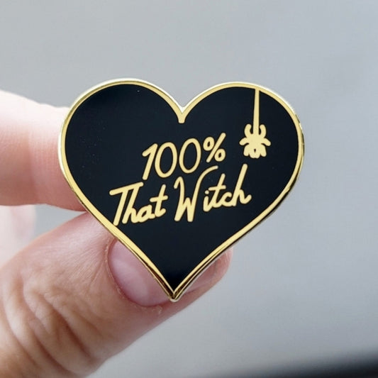 Enamel Lapel Pin | 100% That Witch | Black Heart ♡ With Gold Accents Metal Pin - A Gothic Universe - Lapel Pins