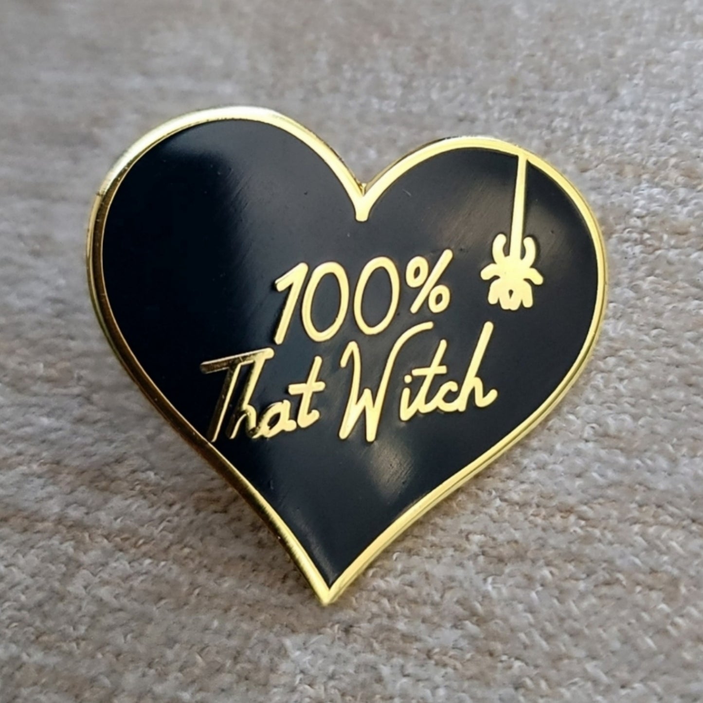 Enamel Lapel Pin | 100% That Witch | Black Heart ♡ With Gold Accents Metal Pin - A Gothic Universe - Lapel Pins