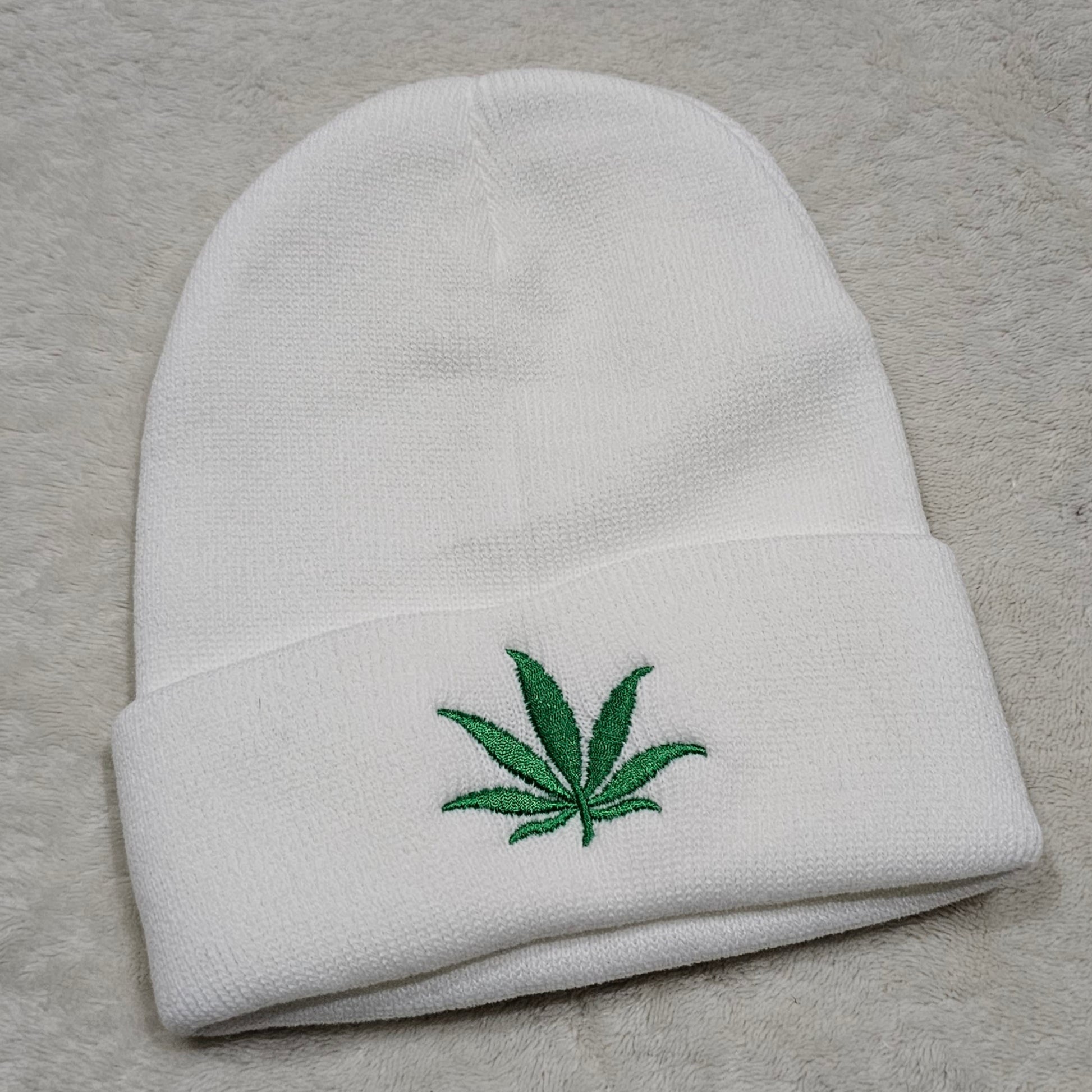 Unisex Embroidered Weed Leaf Beanie | Solid White with Green Pot Leaf at Front - A Gothic Universe - Beanies