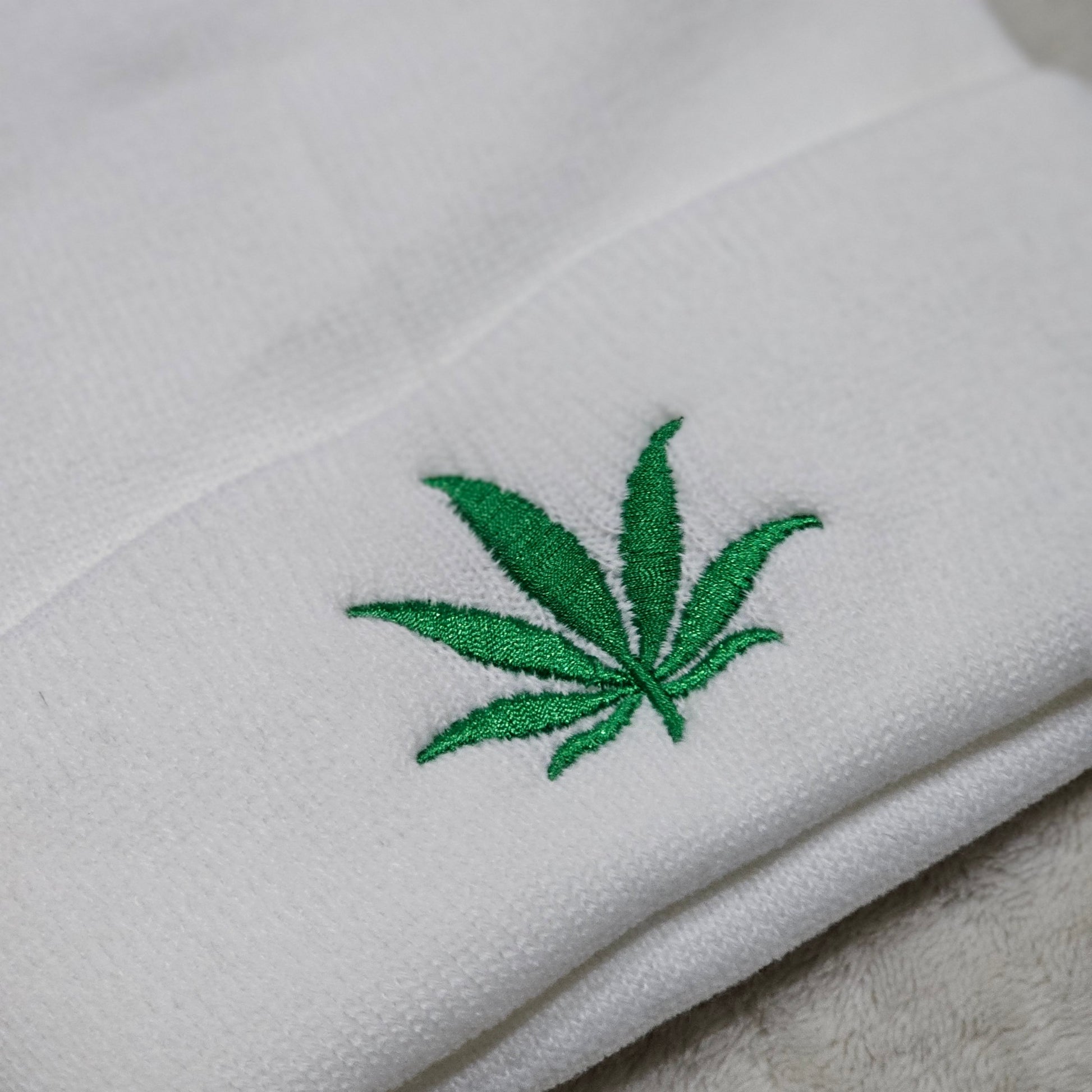 Unisex Embroidered Weed Leaf Beanie | Solid White with Green Pot Leaf at Front - A Gothic Universe - Beanies