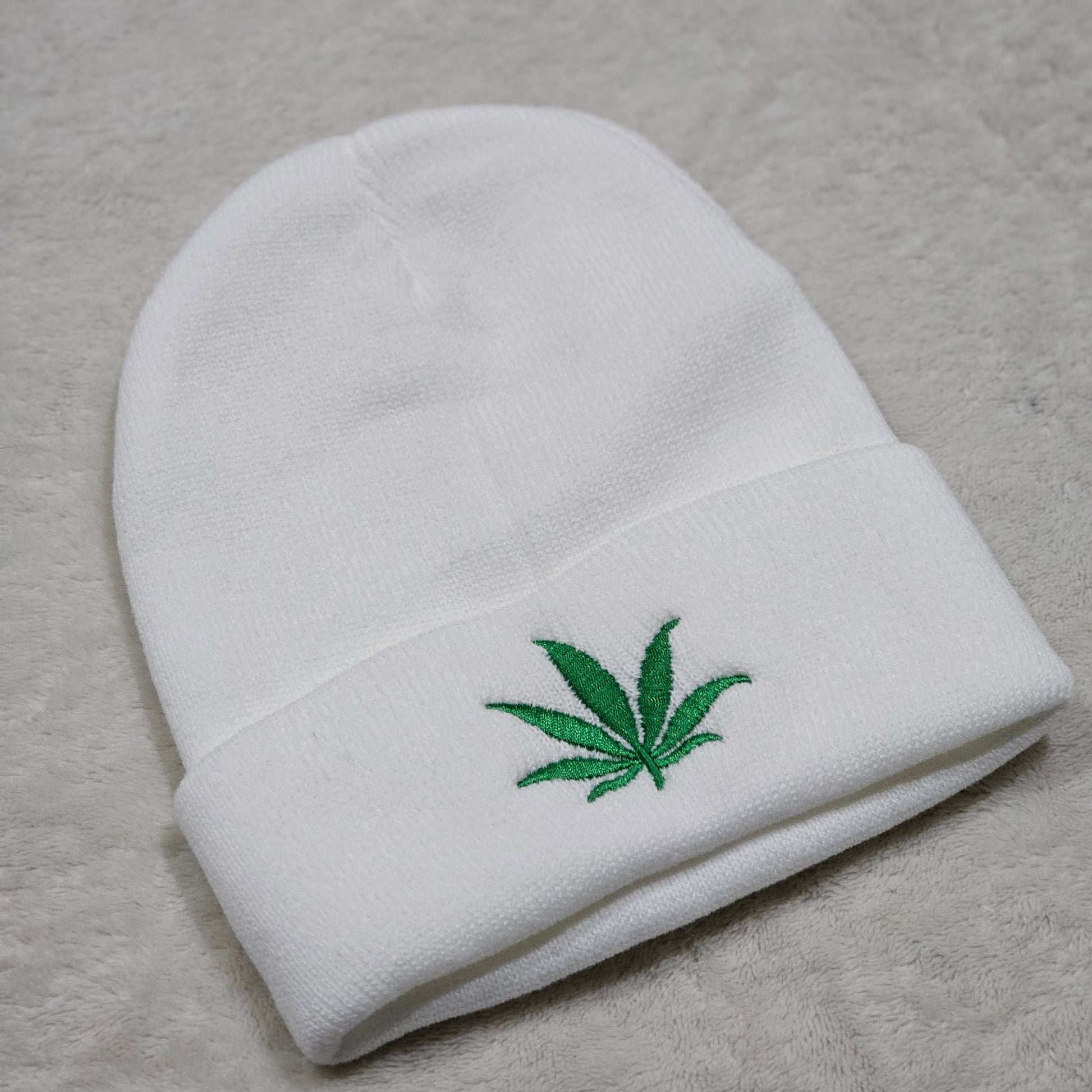 Unisex Embroidered Weed Leaf Beanie | Solid White with Green Pot Leaf at Front - A Gothic Universe - Beanies