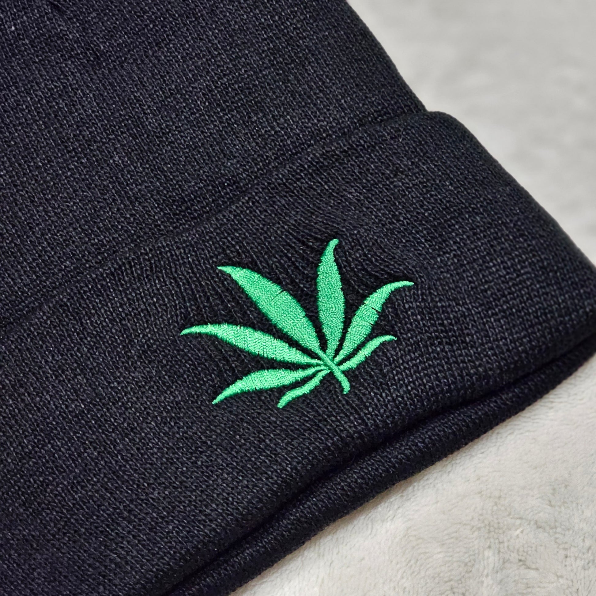 Unisex Embroidered Weed Leaf Beanie | Solid Black with Green Pot Leaf at Front - A Gothic Universe - Beanies