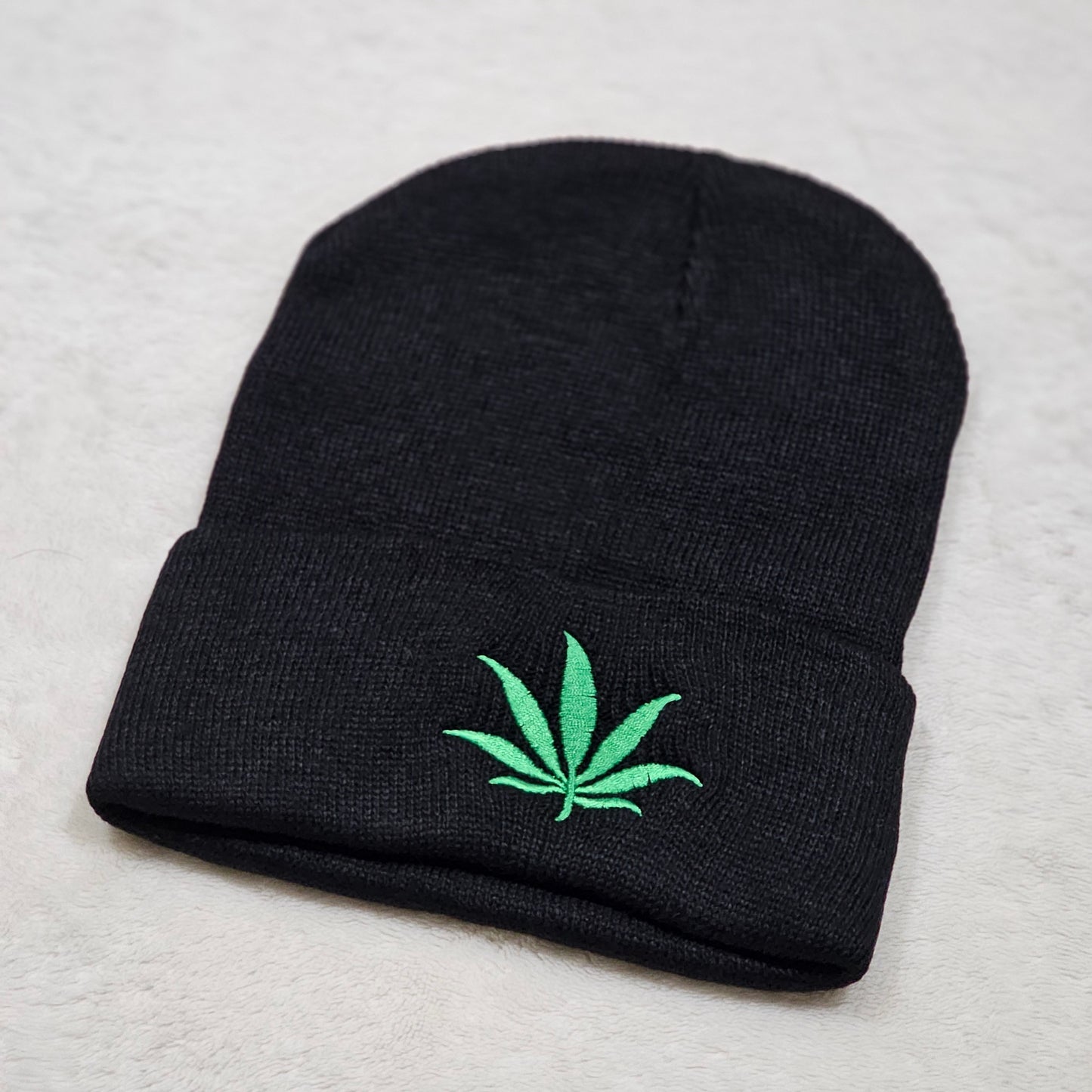 Unisex Embroidered Weed Leaf Beanie | Solid Black with Green Pot Leaf at Front - A Gothic Universe - Beanies