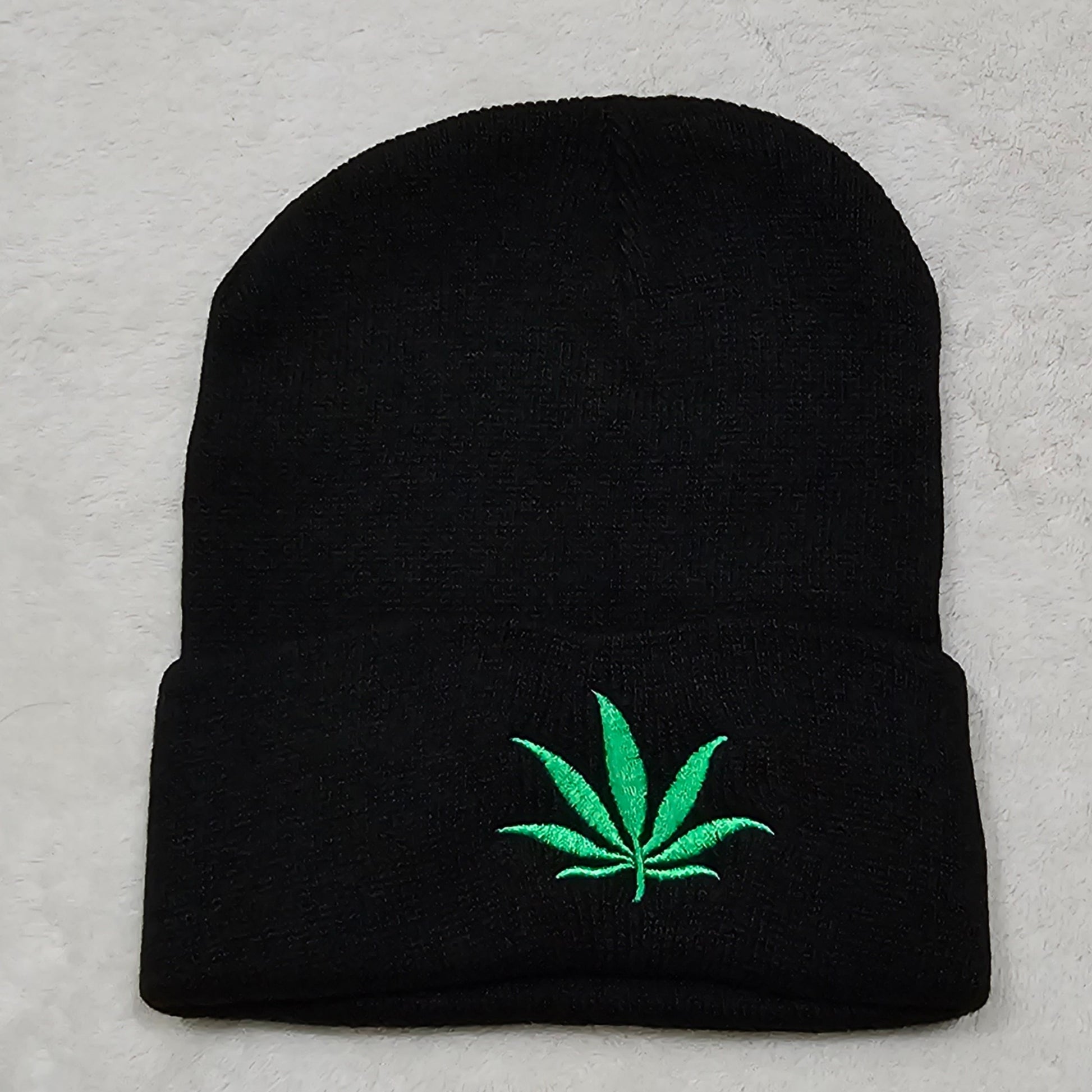 Unisex Embroidered Weed Leaf Beanie | Solid Black with Green Pot Leaf at Front - A Gothic Universe - Beanies