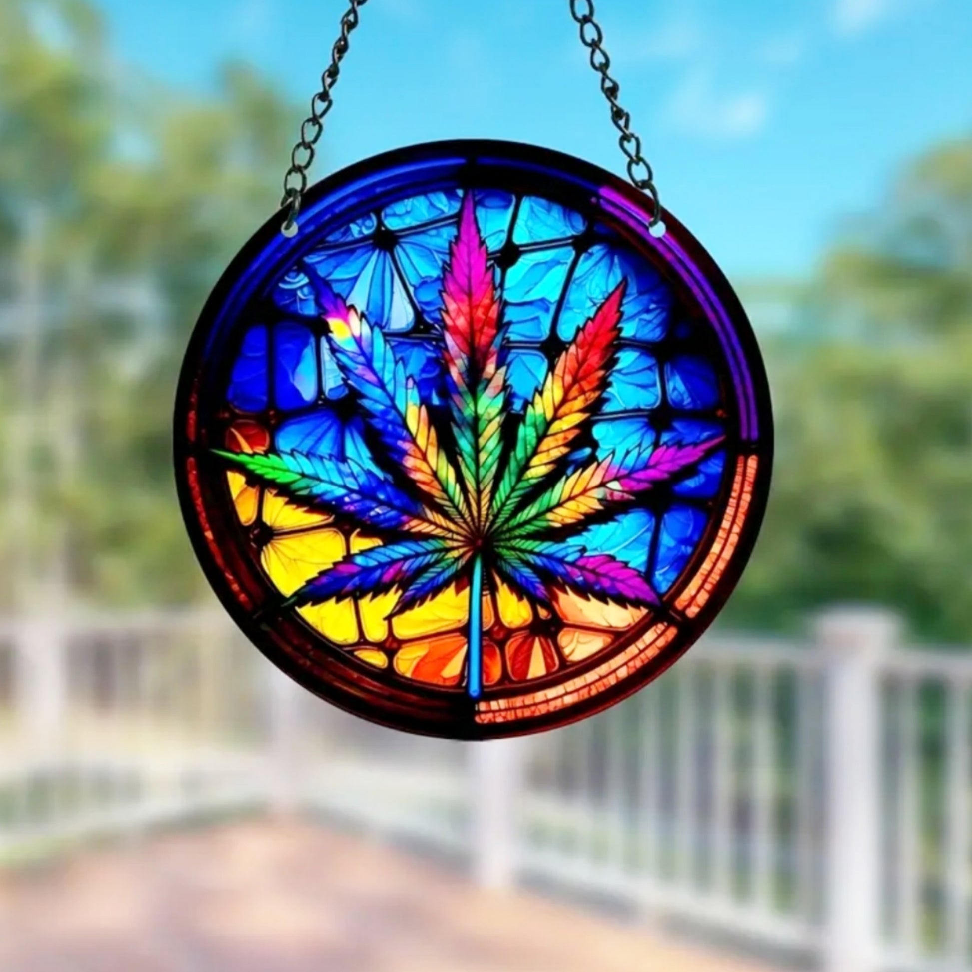 Stainglass Style Suncatcher | Pot Leaf Image High Quality Round Hanging Window Decor - A Gothic Universe - Sun Catcher