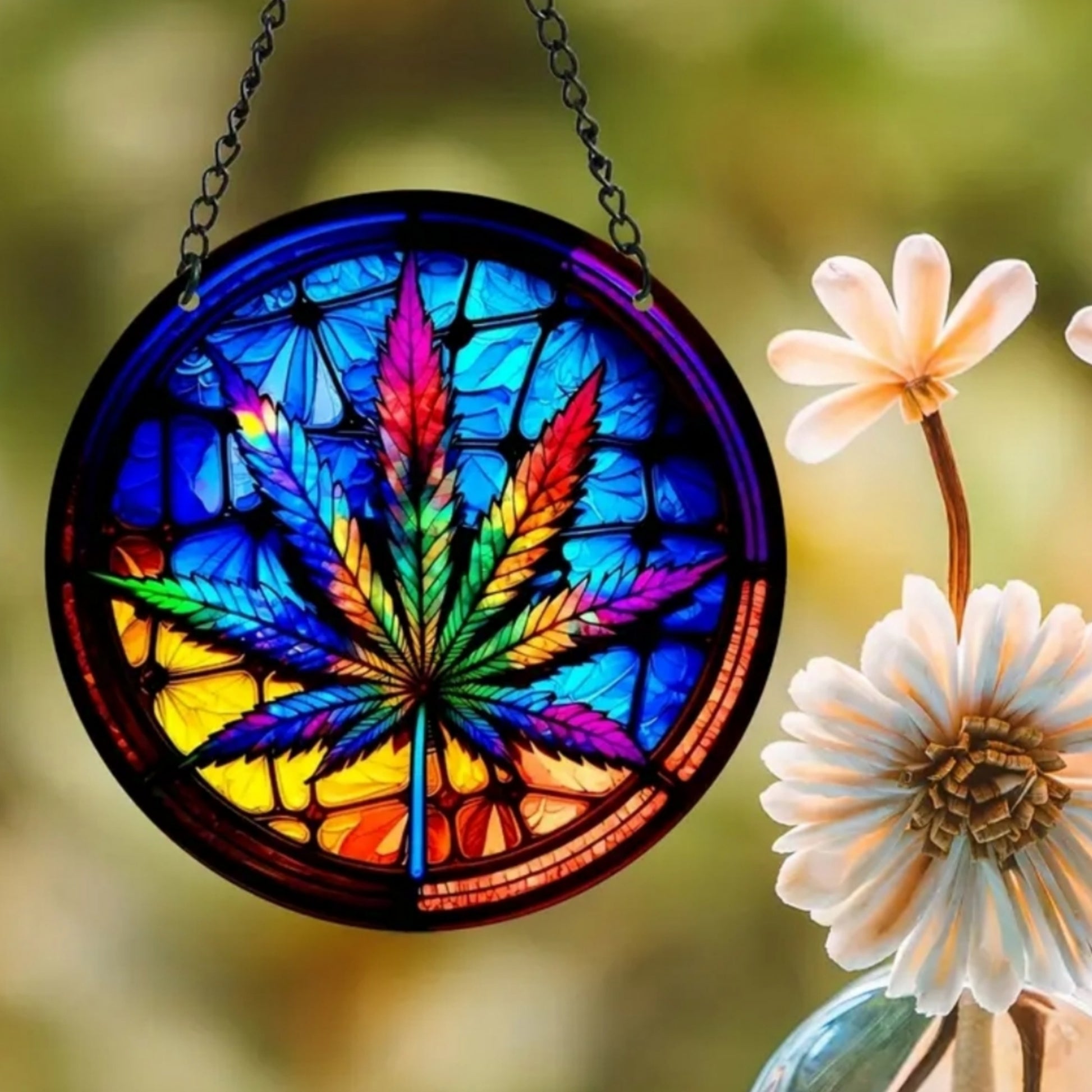 Stainglass Style Suncatcher | Pot Leaf Image High Quality Round Hanging Window Decor - A Gothic Universe - Sun Catcher