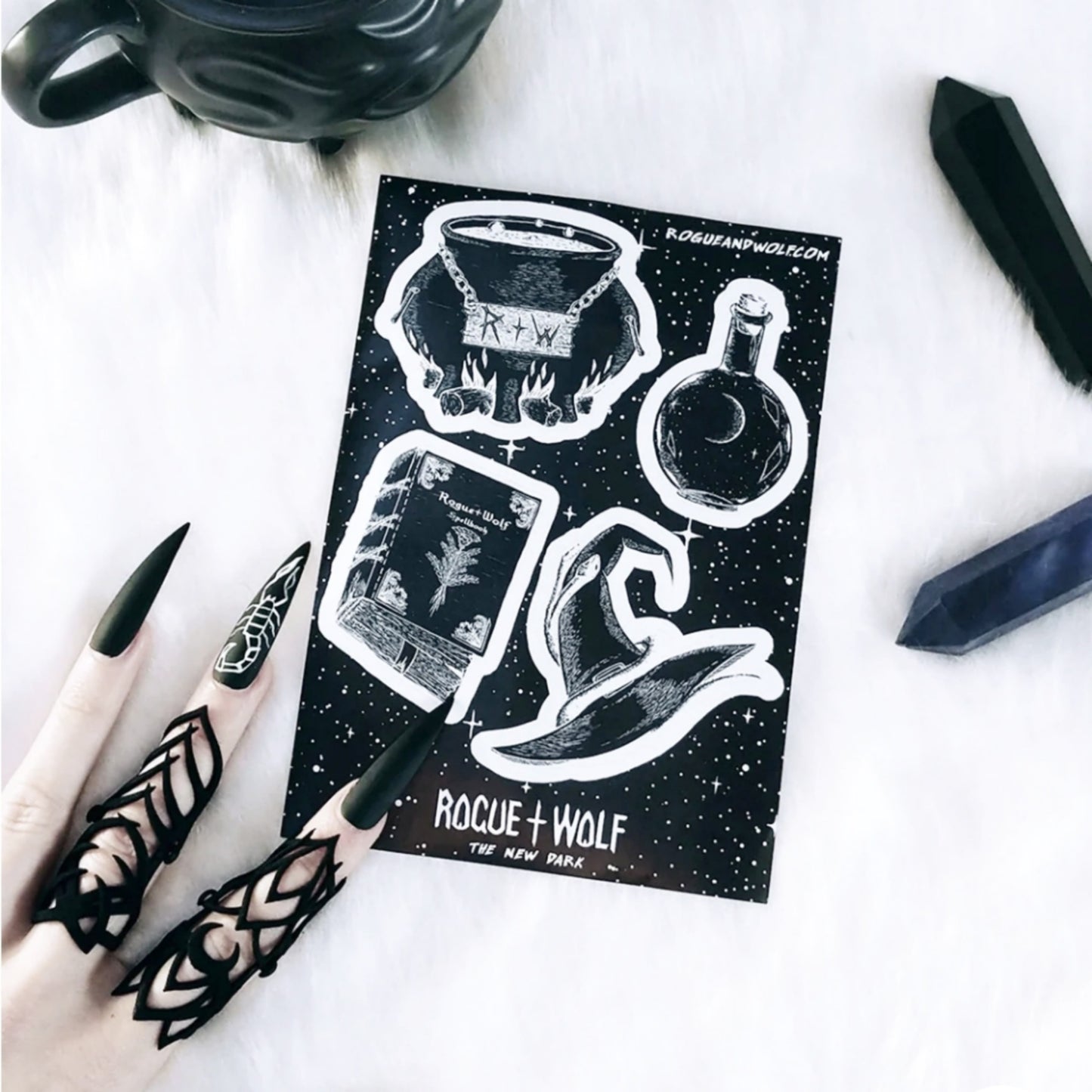 Dark Witchy Stickers | Black White - Four On A Sheet Spellbook Cauldron Potion Witch Hat - Rogue + Wolf - Stickers