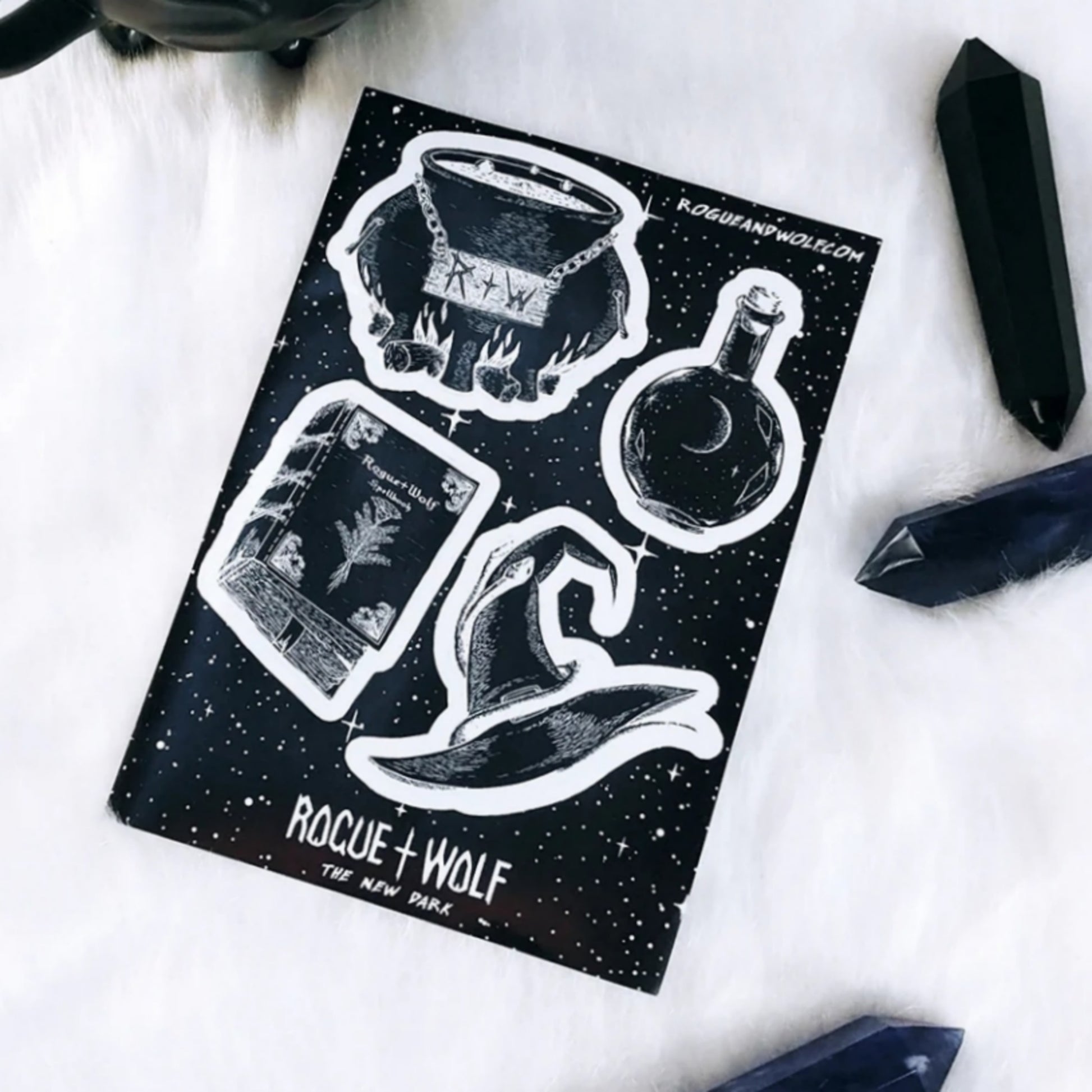 Dark Witchy Stickers | Black White - Four On A Sheet Spellbook Cauldron Potion Witch Hat - Rogue + Wolf - Stickers