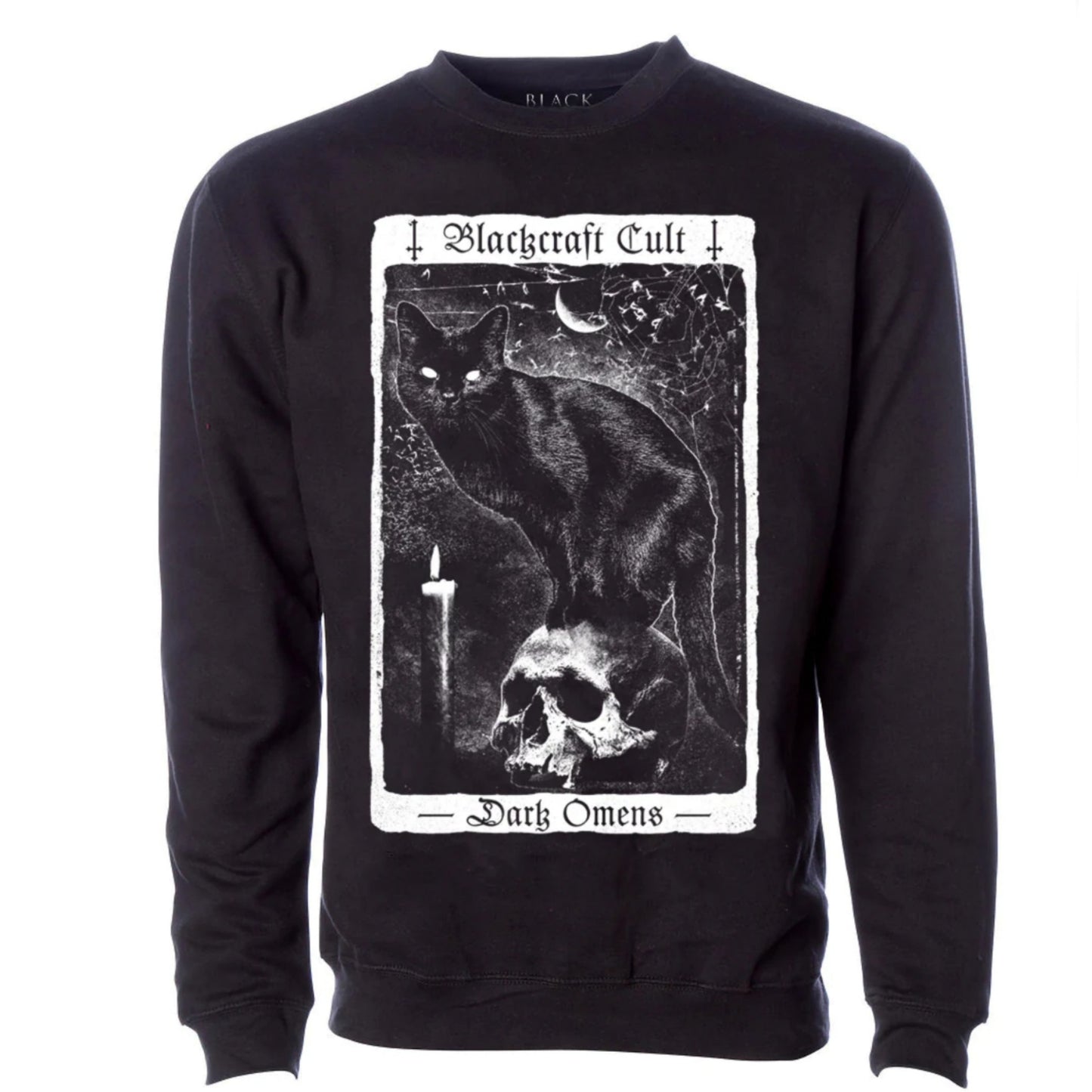 Dark Omen Sweatshirt | Men's Black Cat Skull Candle Front Graphic - Blackcraft Cult - Sweatshirts