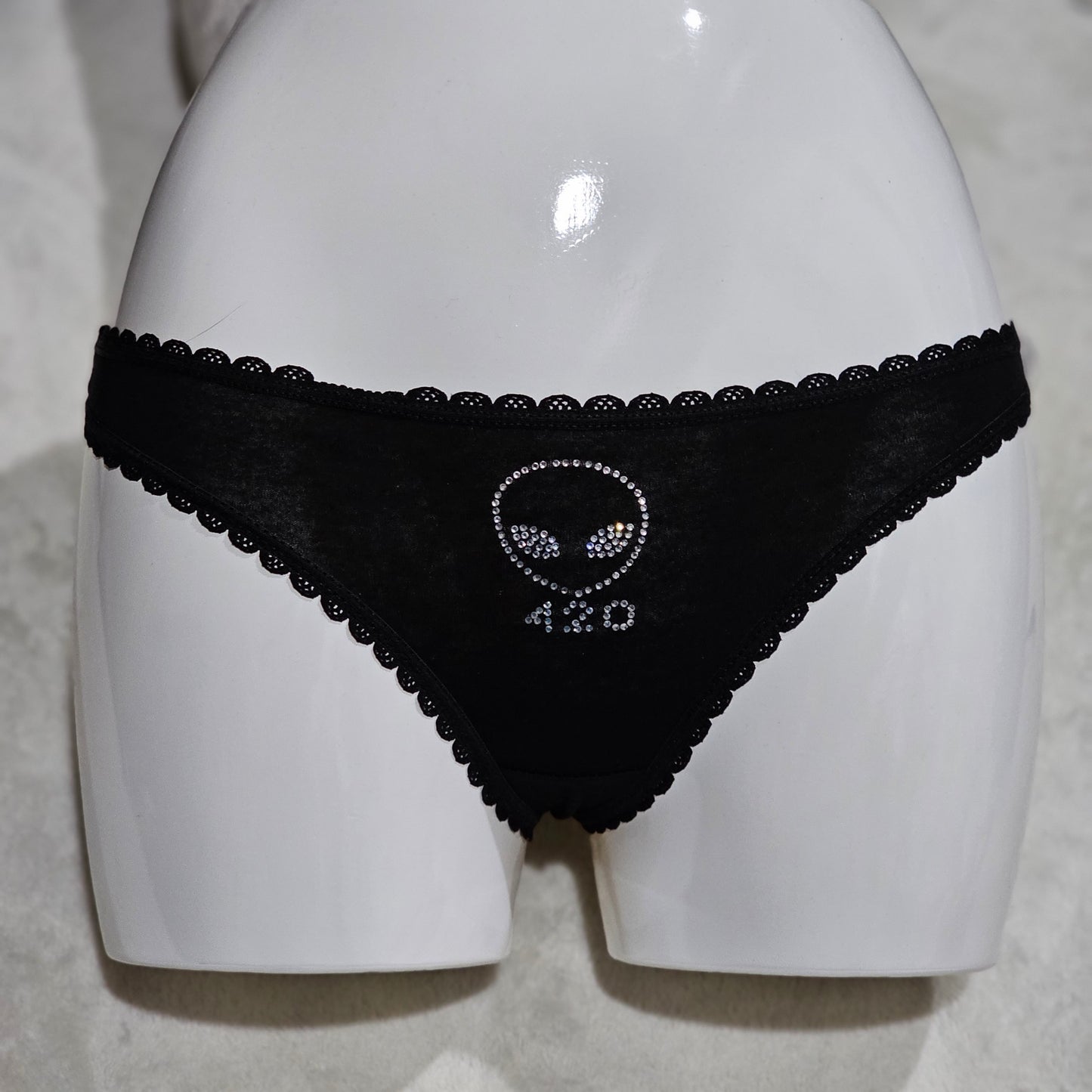 Alien Face 420 Undies | Black with Silver Crystals Thong Style - MaryJaneNite - Panties