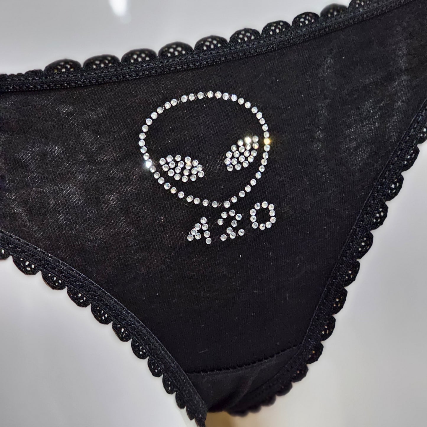 Alien Face 420 Undies | Black with Silver Crystals Thong Style - MaryJaneNite - Panties