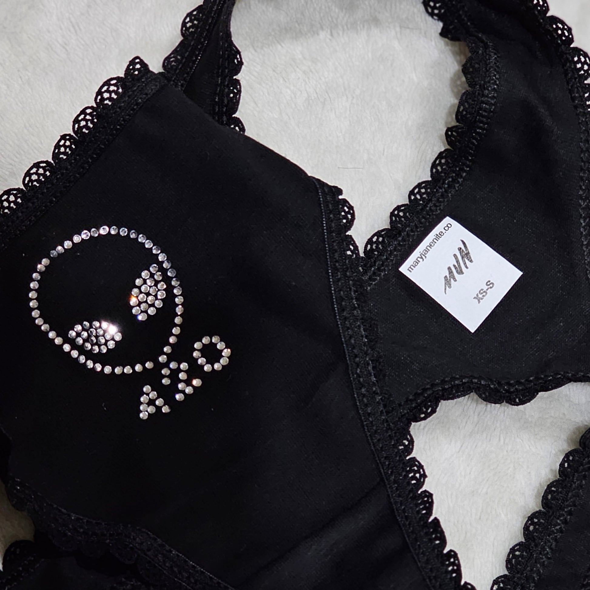 Alien Face 420 Undies | Black with Silver Crystals Thong Style - MaryJaneNite - Panties