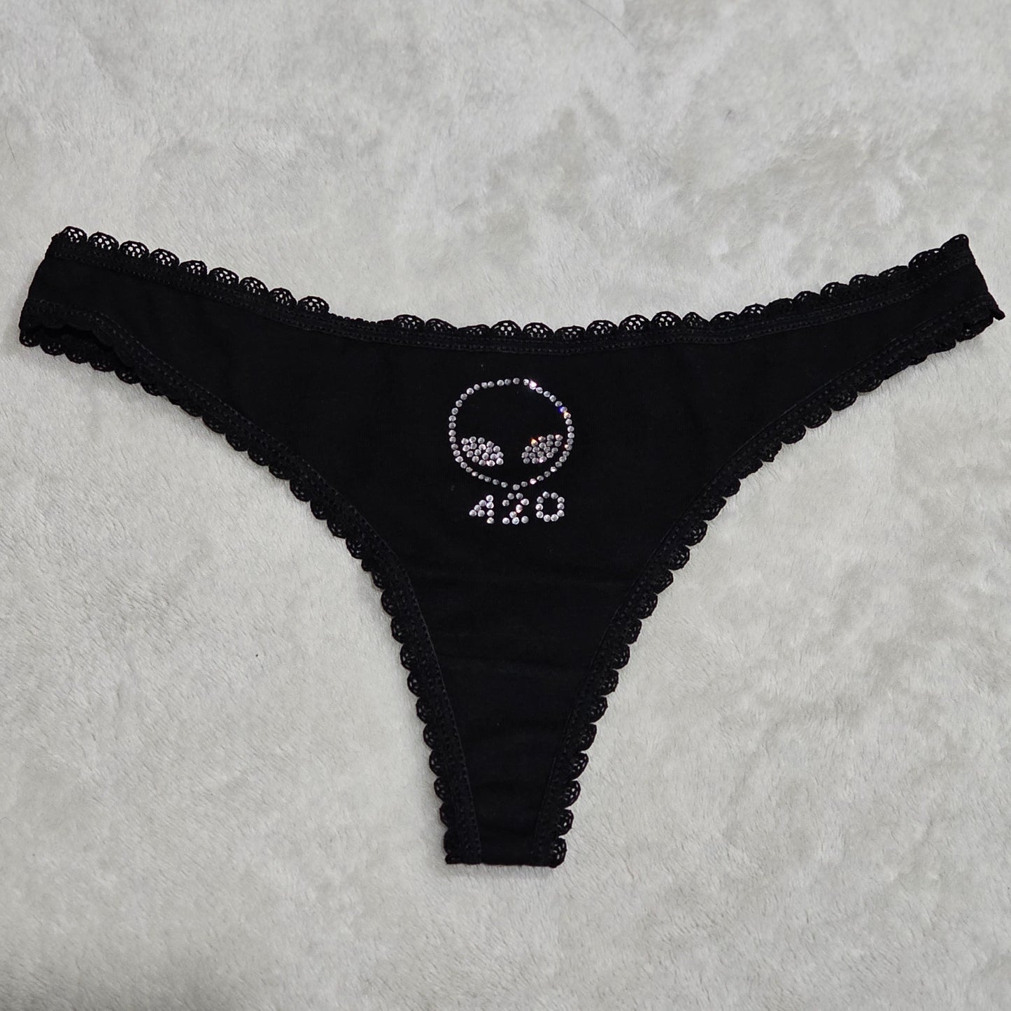 Alien Face 420 Undies | Black with Silver Crystals Thong Style - MaryJaneNite - Panties