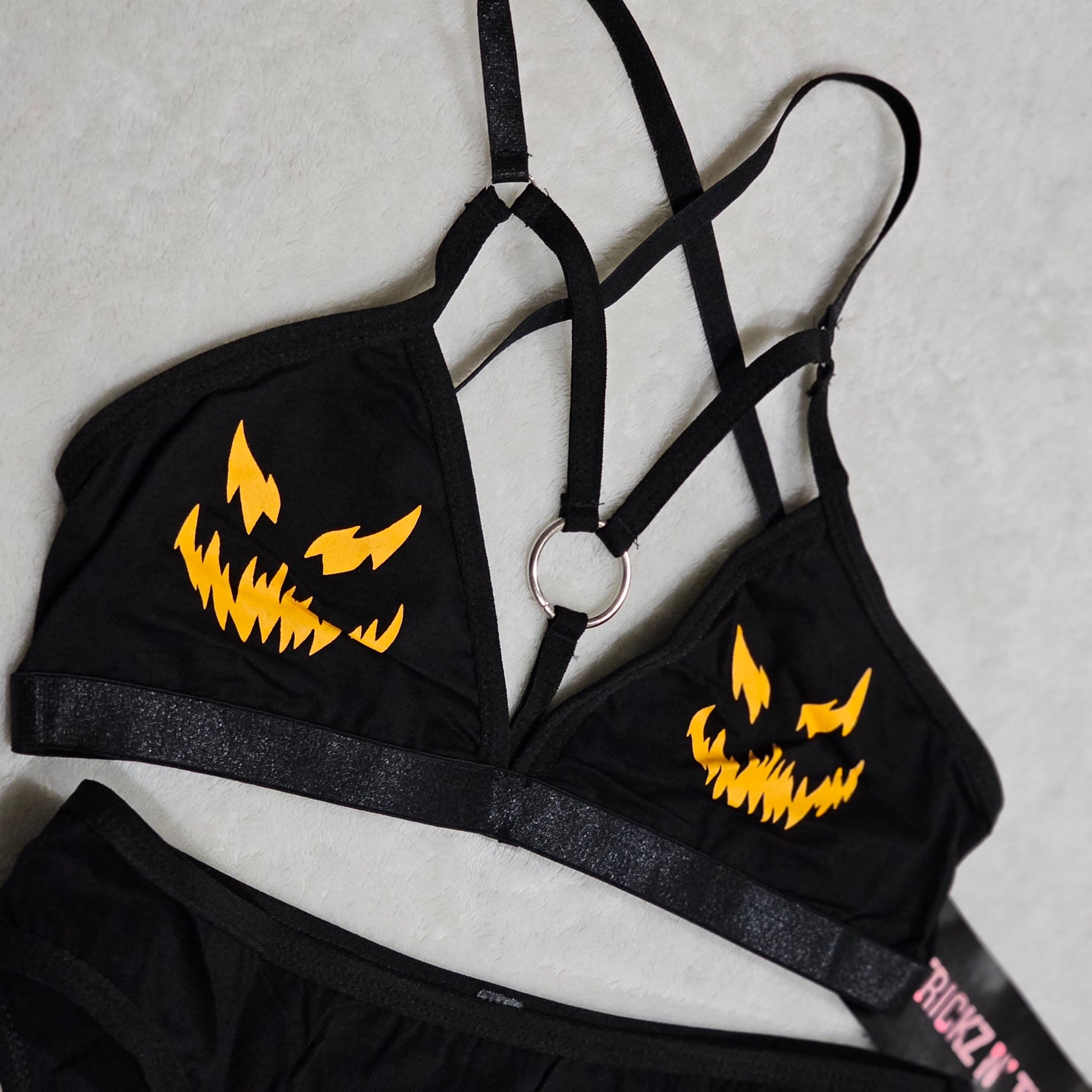 Freaky Strappy Bra & Panty Set | Gothic Black & Orange Creepy Graphics Cotton Blend - Trickz N Treatz - Bra & Panty